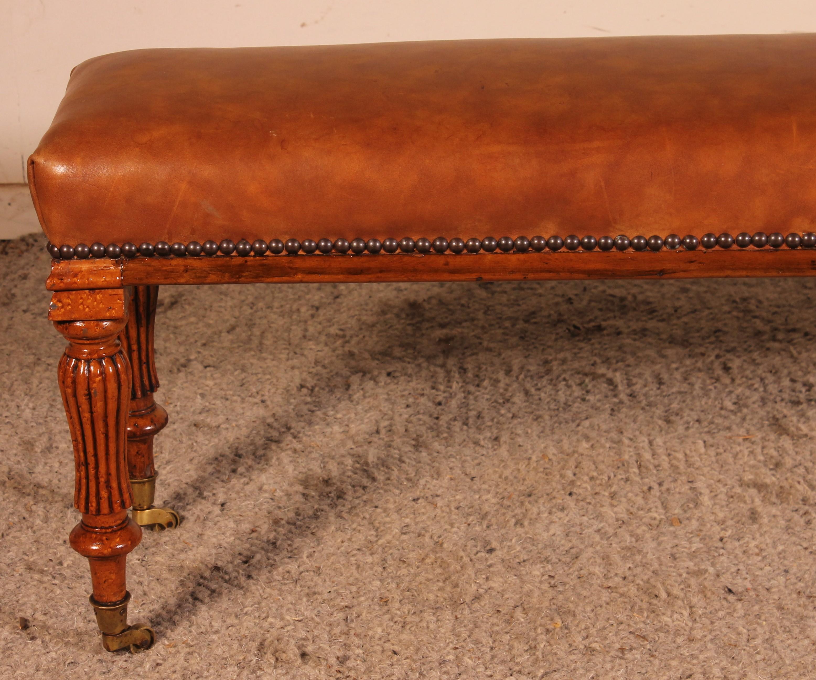 Victorian 19th Century Walnut Bench Covered with a Cognac Leather