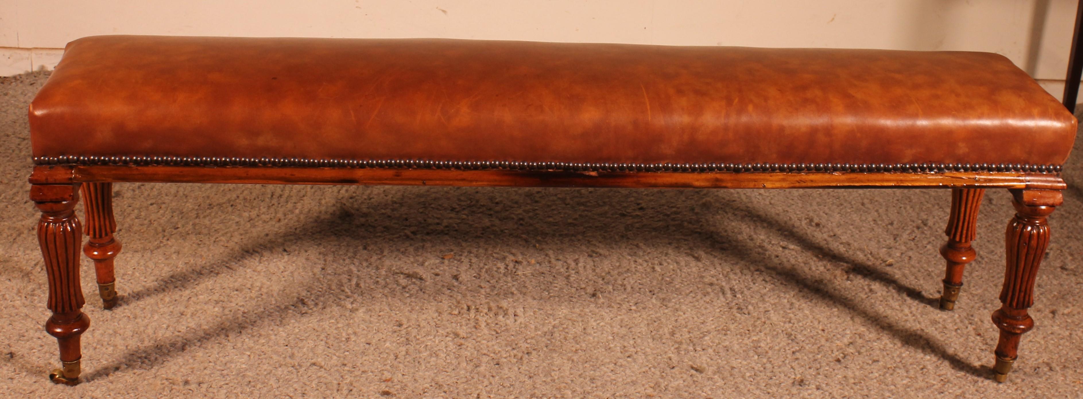 19th Century Walnut Bench Covered with a Cognac Leather 1