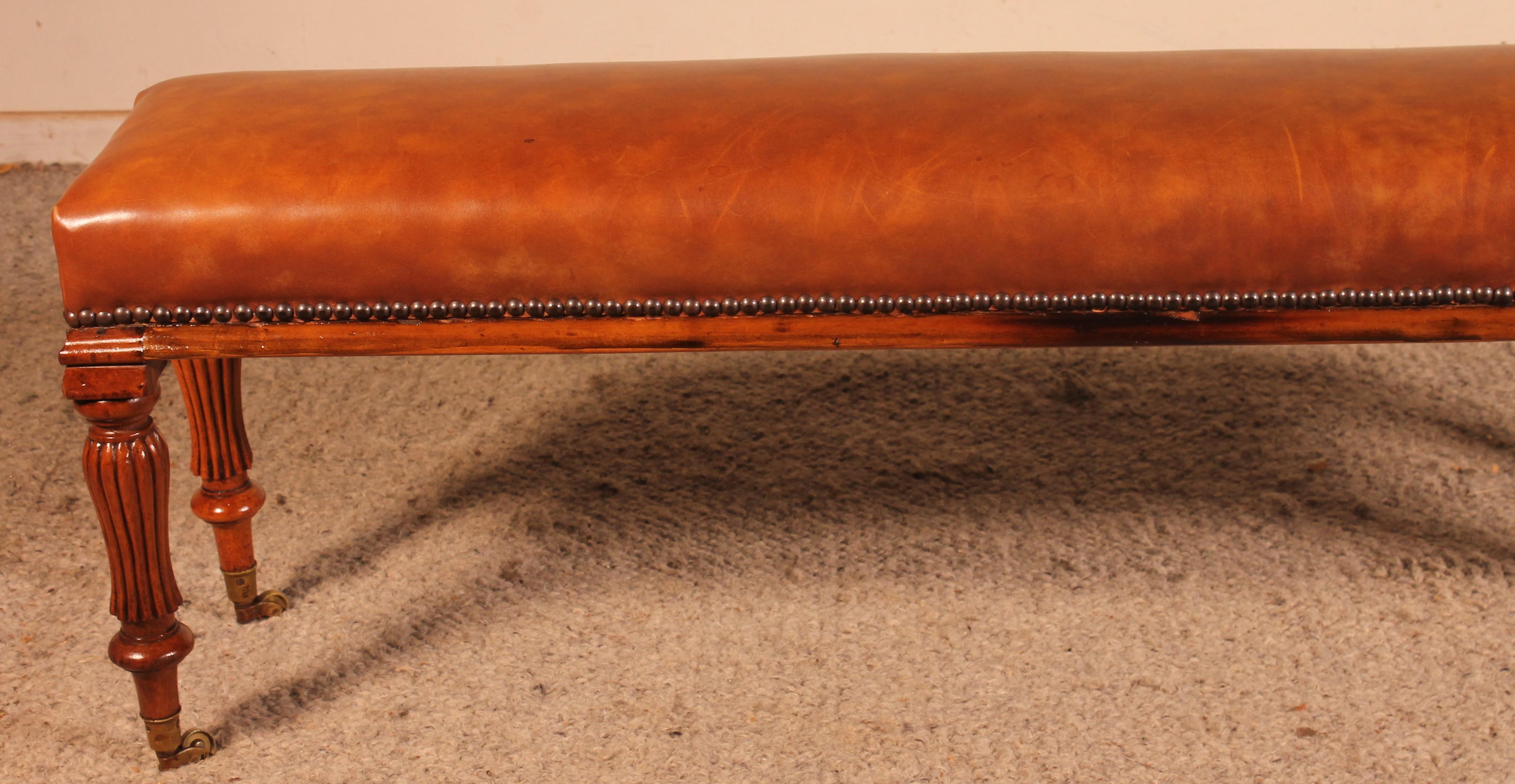 19th Century Walnut Bench Covered with a Cognac Leather 2