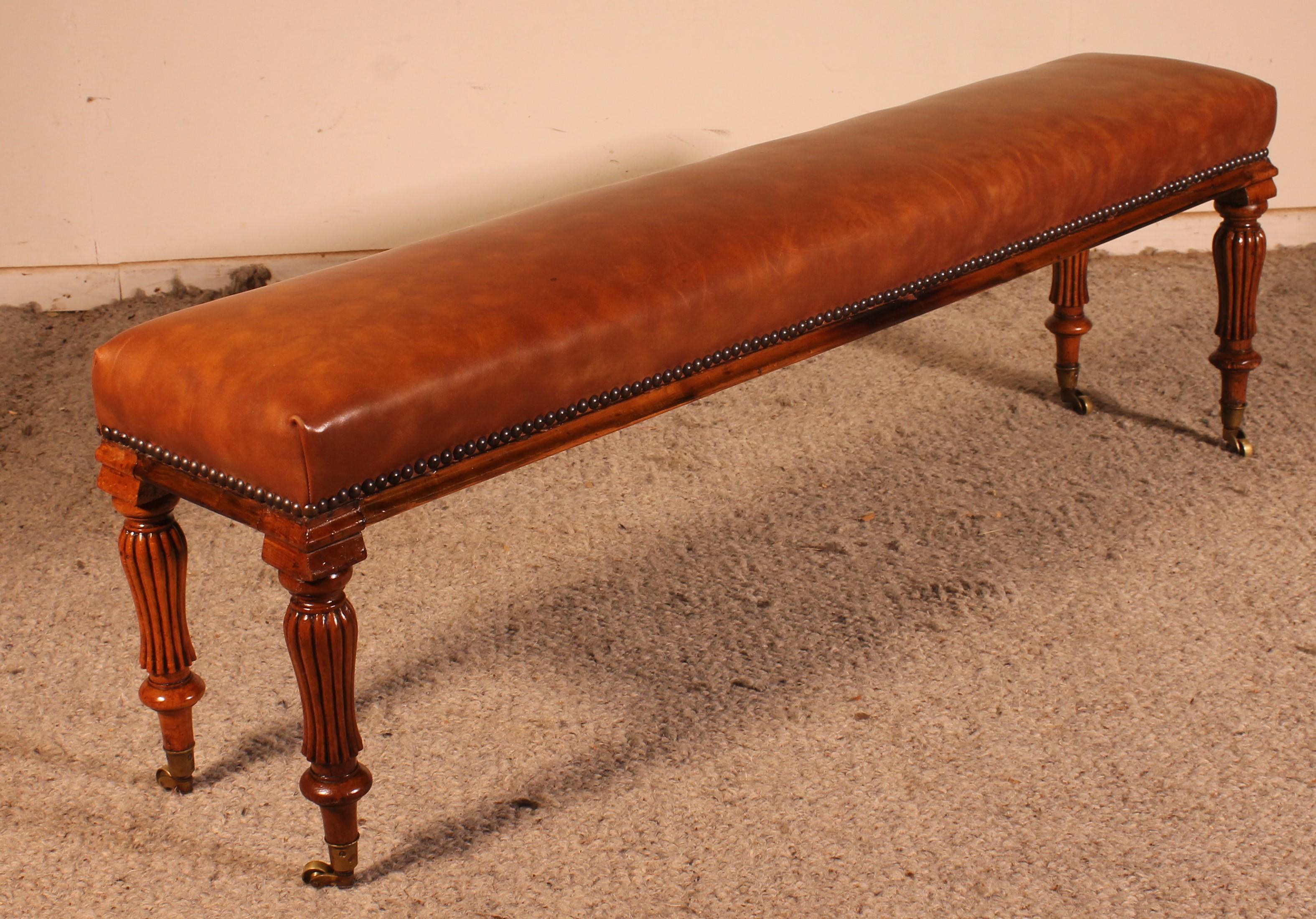 19th Century Walnut Bench Covered with a Cognac Leather 3