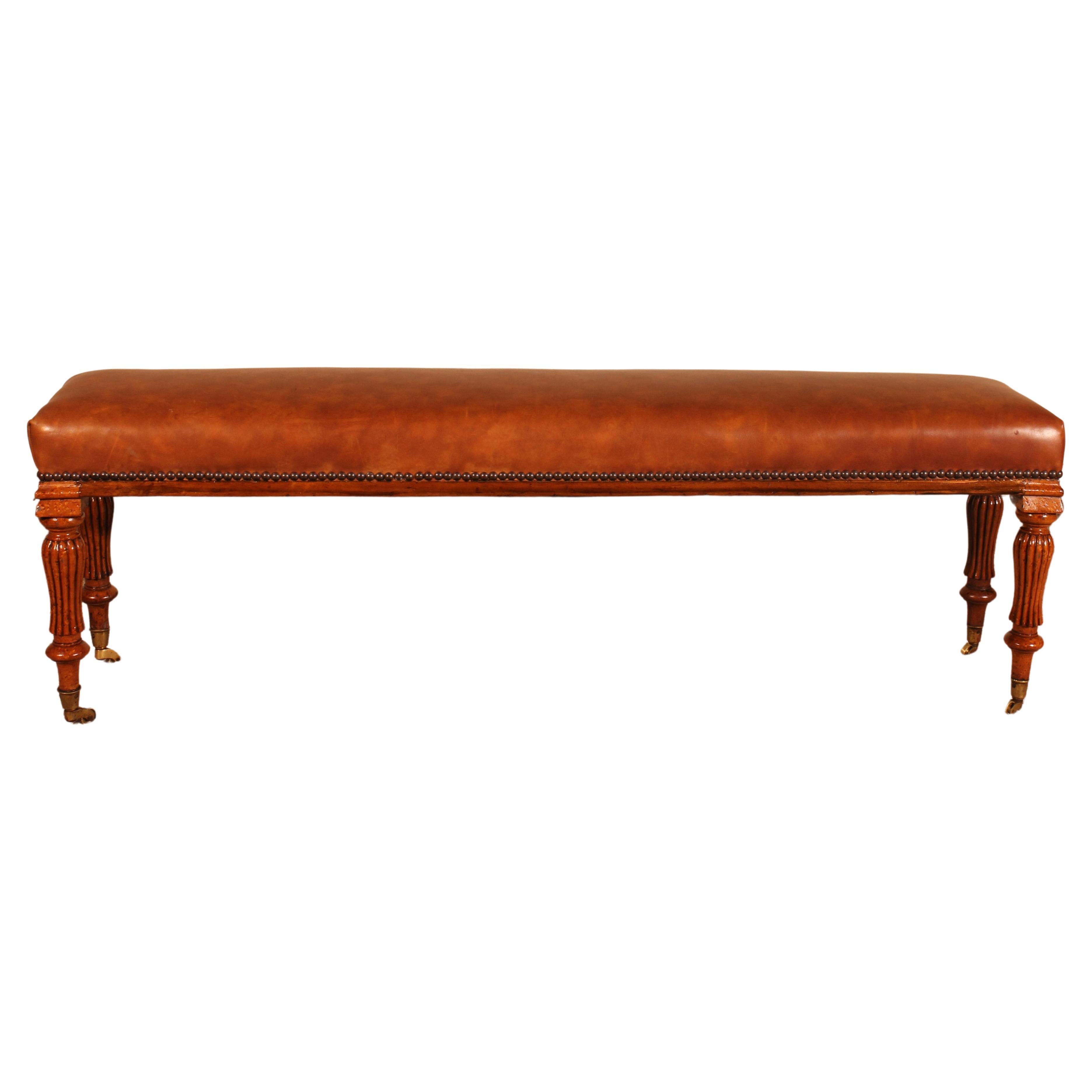 19th Century Walnut Bench Covered with a Cognac Leather