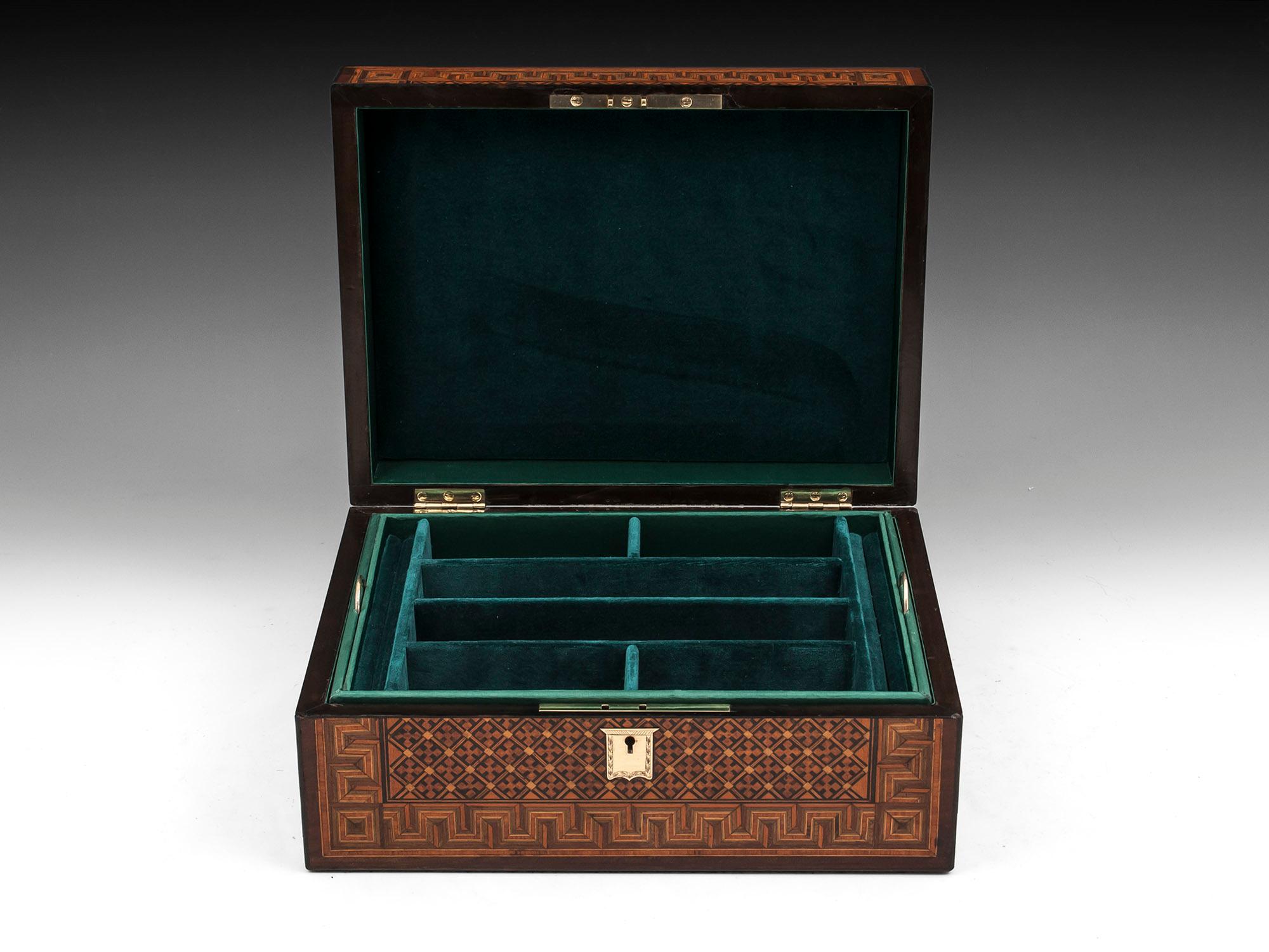 19th Century Walnut Brass Tunbridge Style Greek Key Silk Lined Jewelry Box In Good Condition In Northampton, United Kingdom