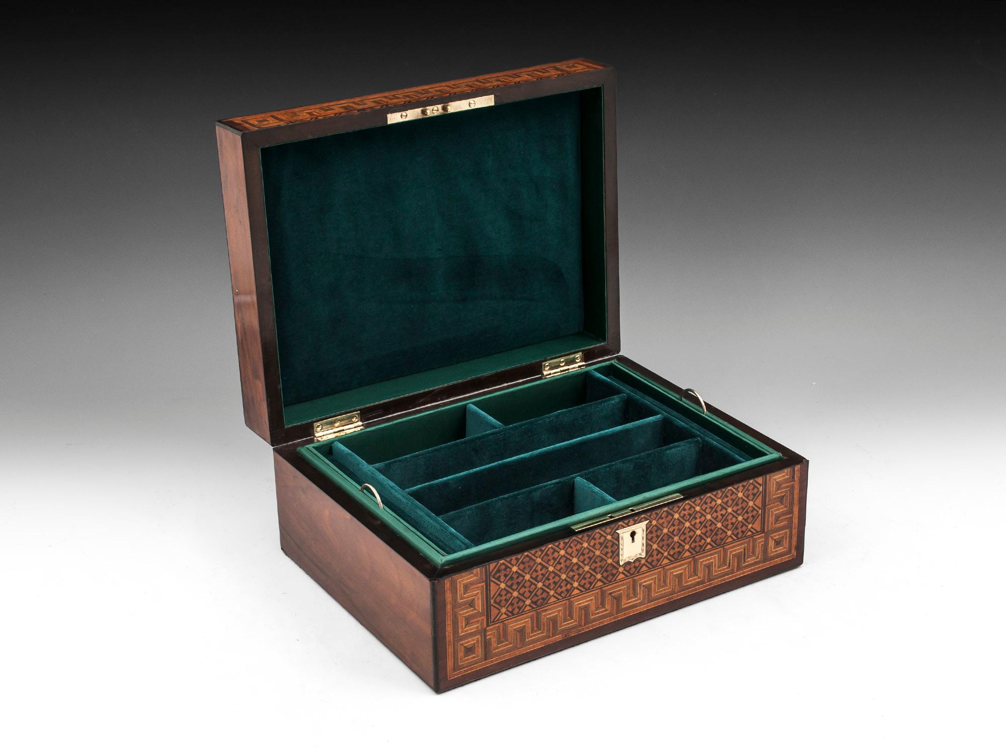 19th Century Walnut Brass Tunbridge Style Greek Key Silk Lined Jewelry Box 2