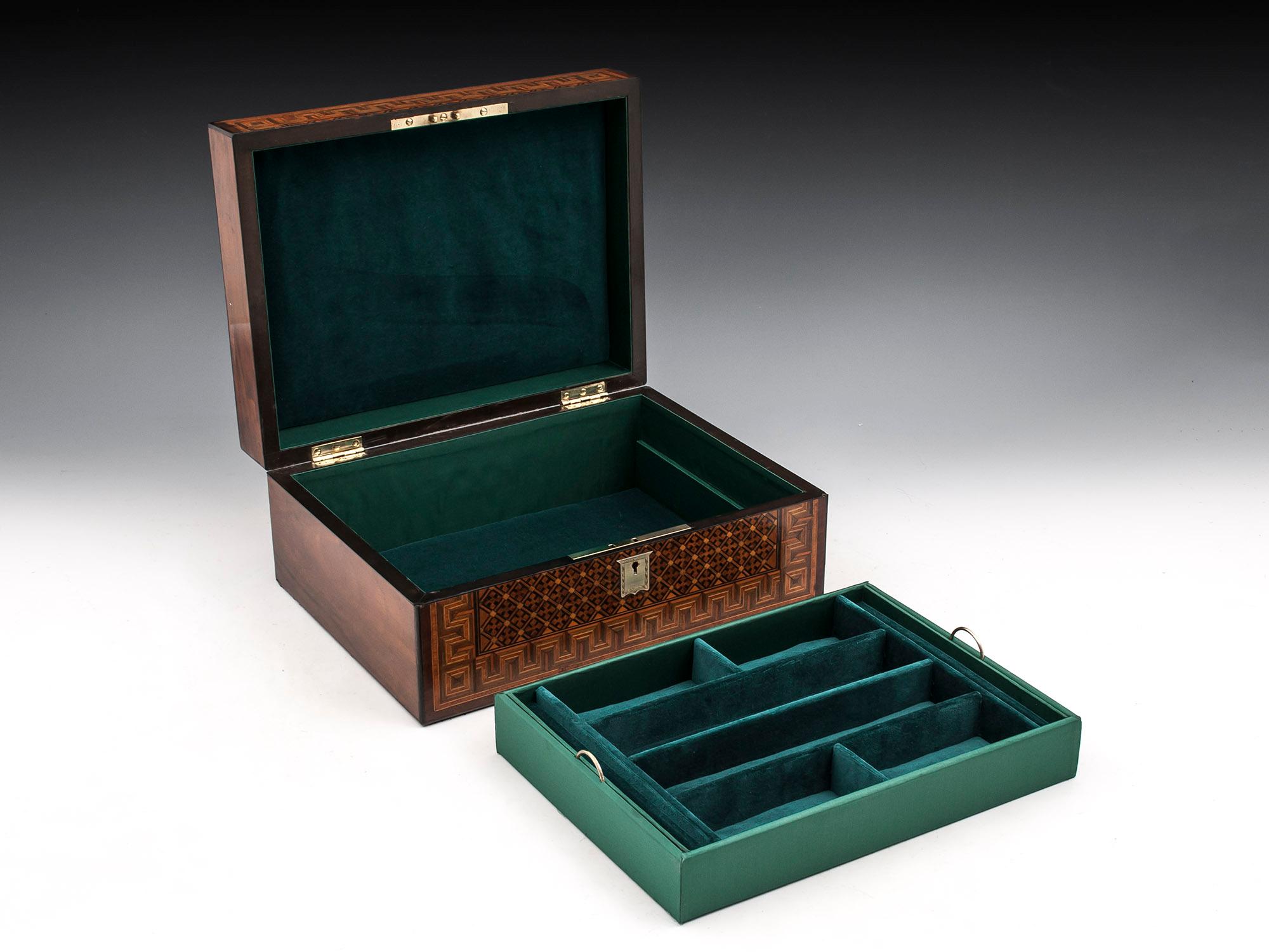 19th Century Walnut Brass Tunbridge Style Greek Key Silk Lined Jewelry Box 3