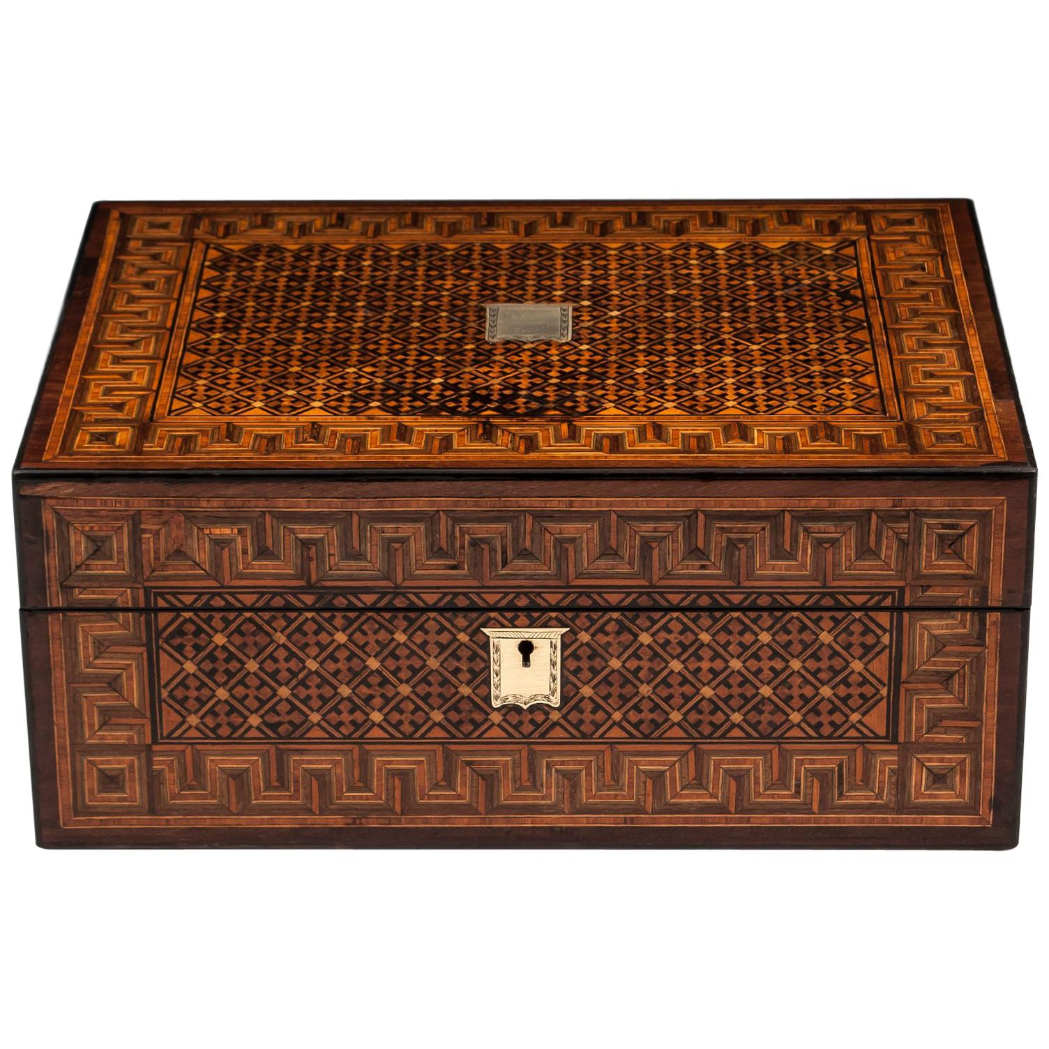 19th Century Walnut Brass Tunbridge Style Greek Key Silk Lined Jewelry Box