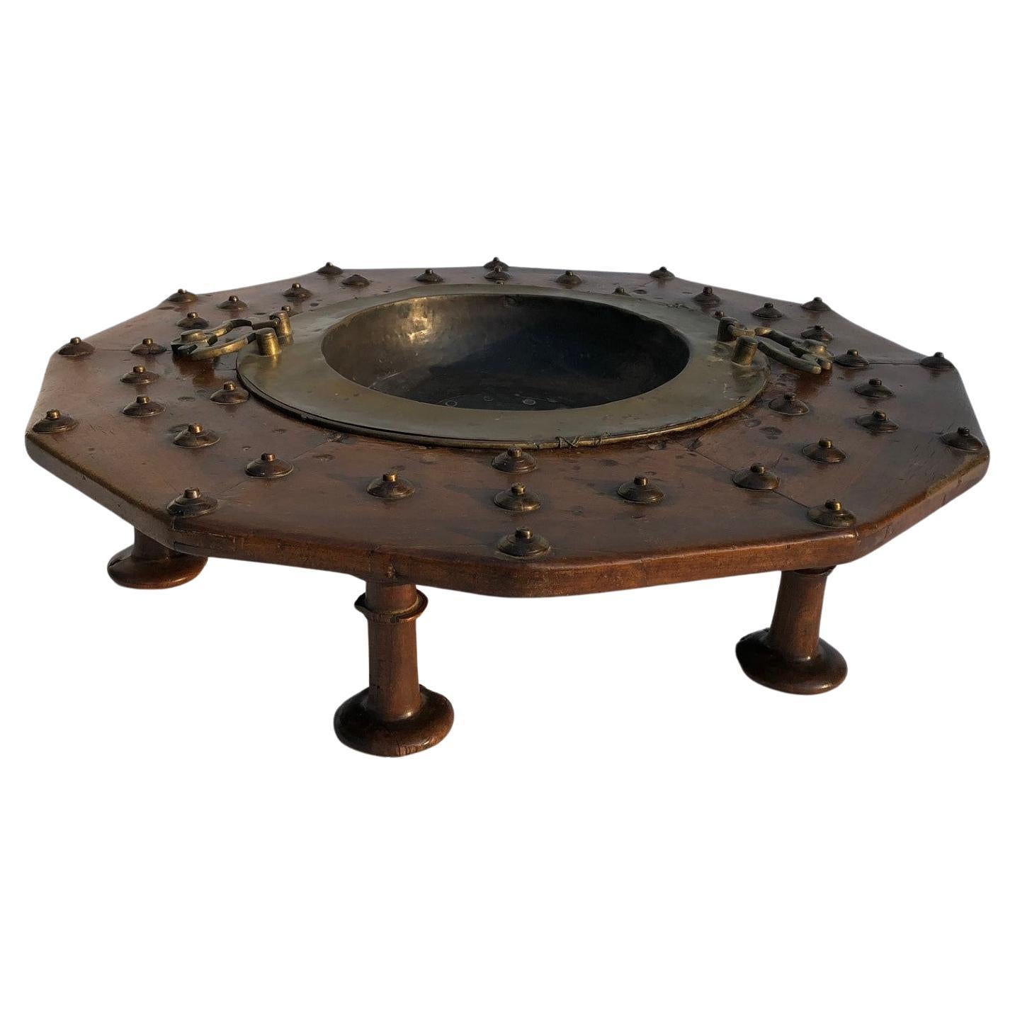 19th Century Walnut Brazier on Turned Legs with Brass Mounts & Central Pan For Sale