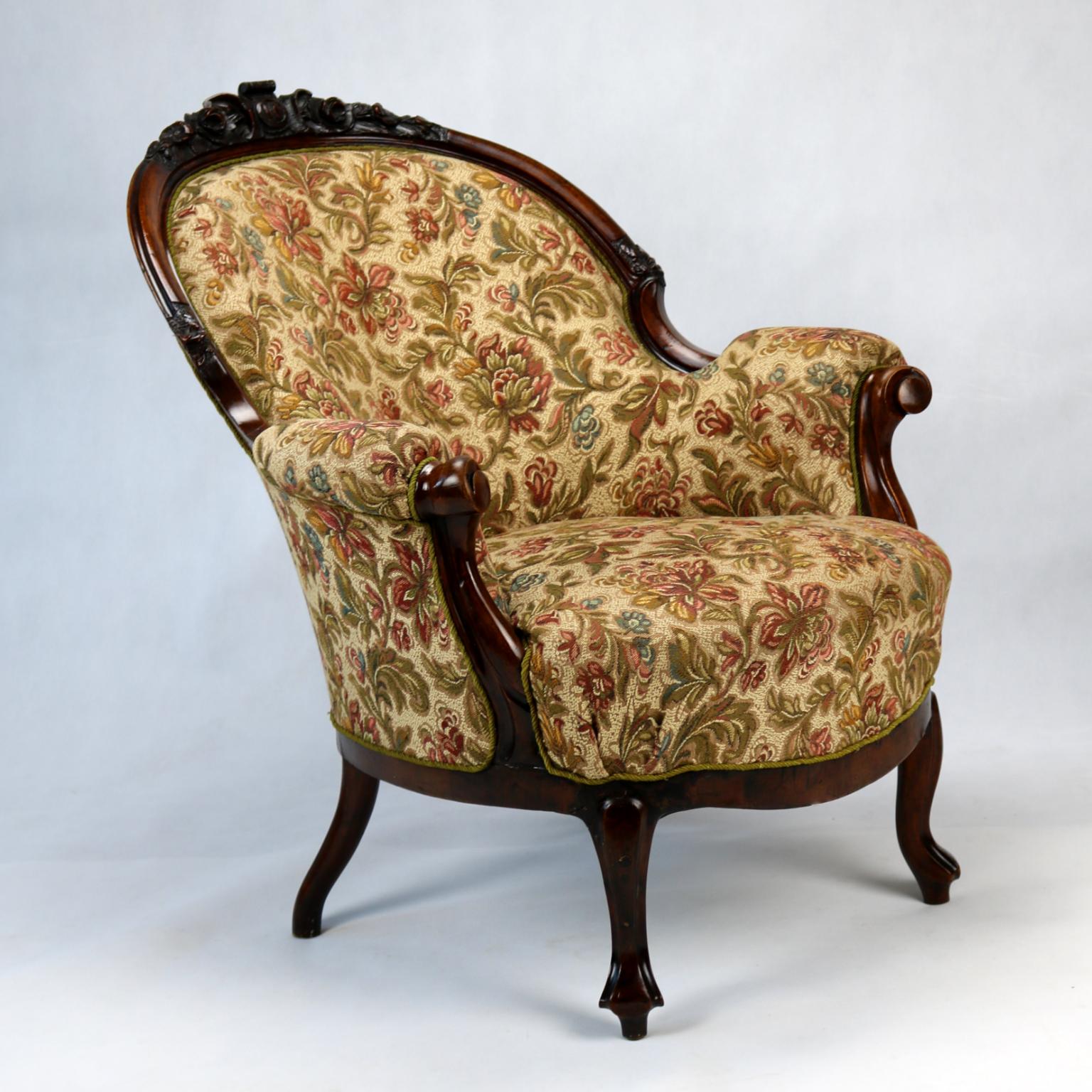 Baroque 19th Century Walnut Carved Armchair Bergere