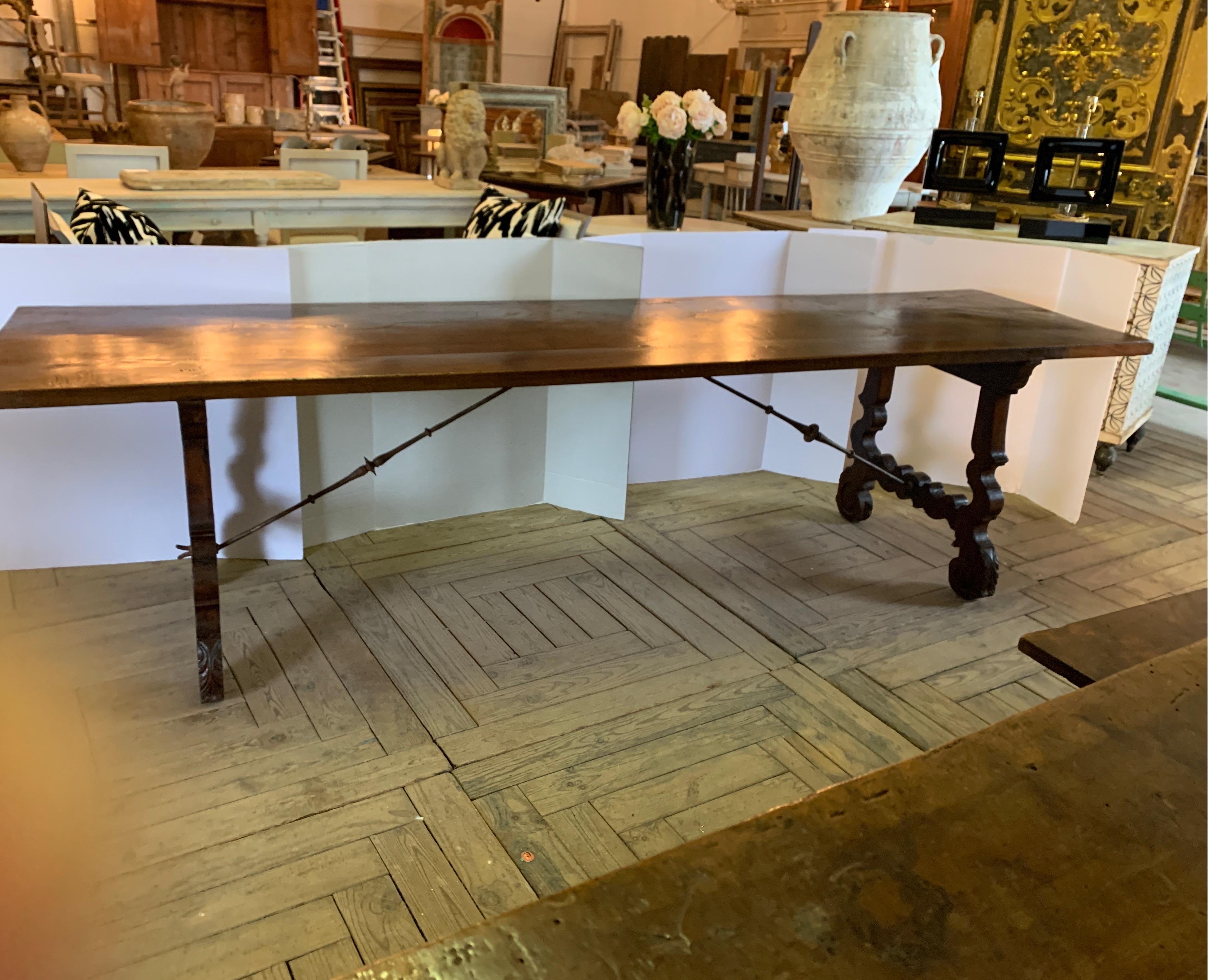 19th Century Walnut Dining Table With Iron Stretcher From Spain That Seats 10  11