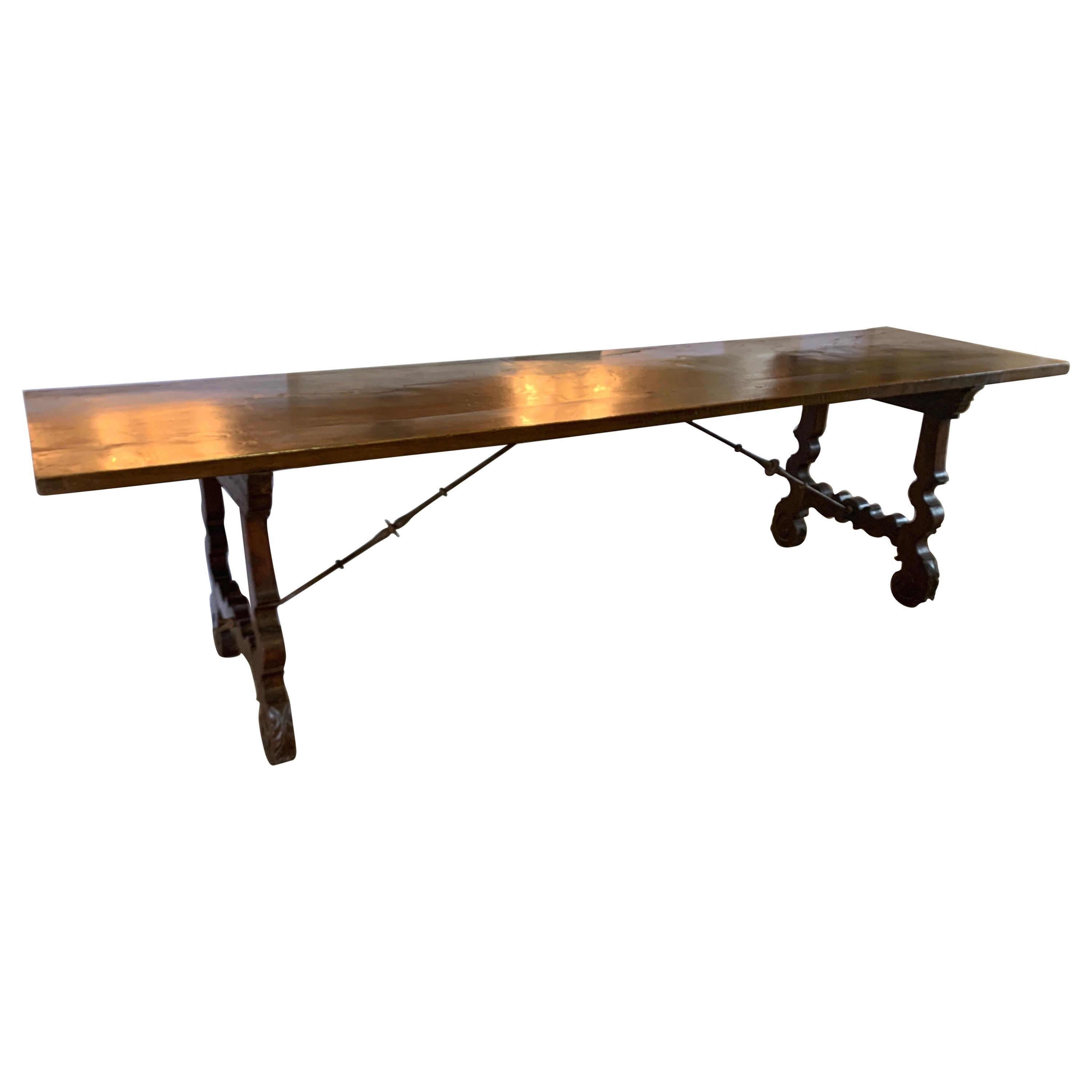 19th Century Walnut Dining Table With Iron Stretcher From Spain That Seats 10 
