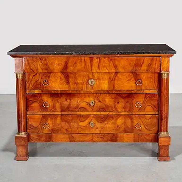 French 19th Century Walnut Empire Commode with Black Fossil Top For Sale