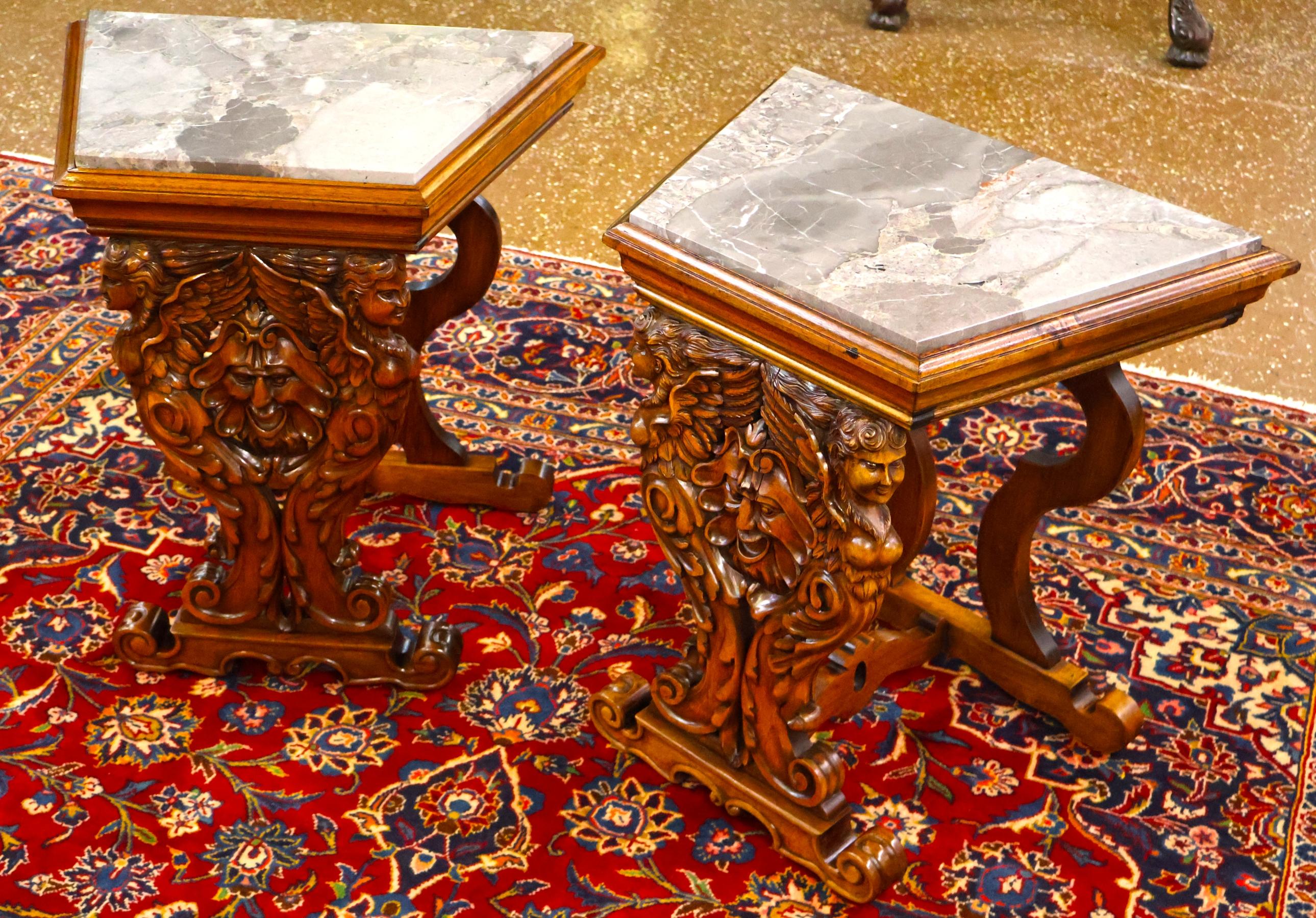 italien 19th Century Walnut Figural Renaissance Revival Italian Marble Top End Tables en vente