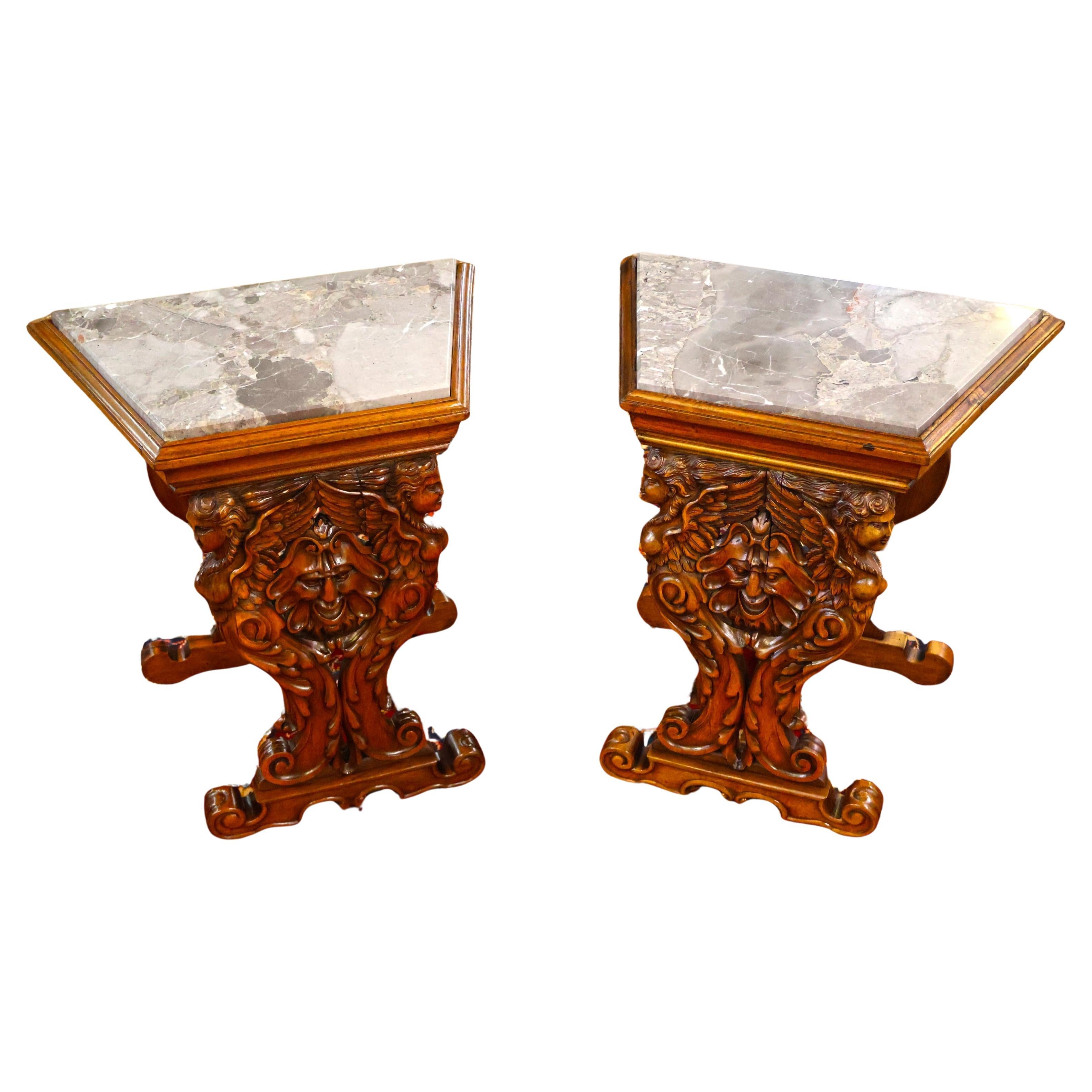 19th Century Walnut Figural Renaissance Revival Italian Marble Top End Tables en vente