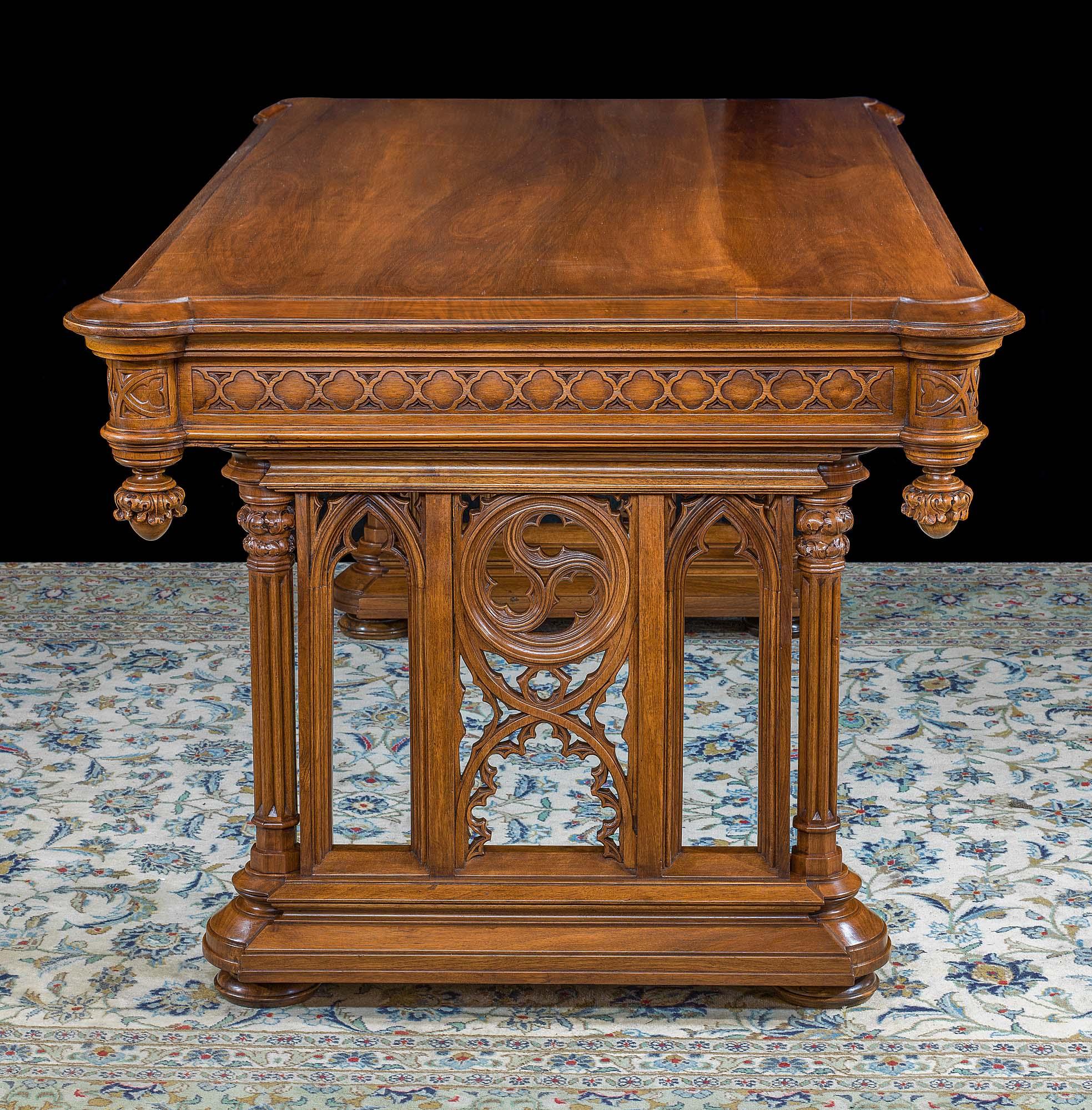 Hand-Carved 19th Century Walnut Gothic Revival Table 