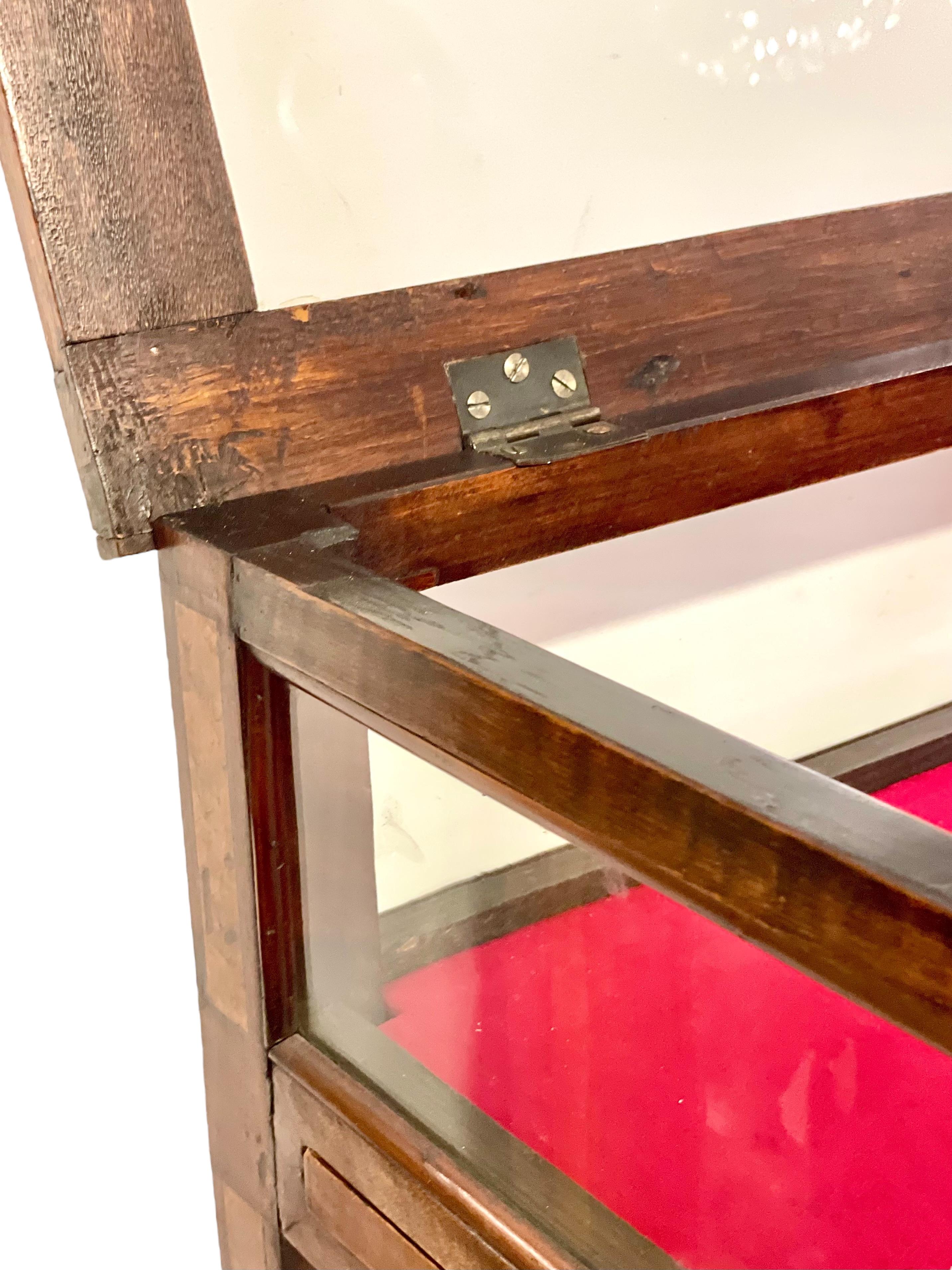 Tavolo da esposizione in noce intarsiato in vetro del XIX secolo con interno in velluto rosso in vendita 6