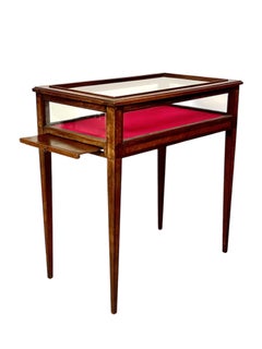 19th Century Walnut Inlaid Glass Display Table with Red Velvet Interior