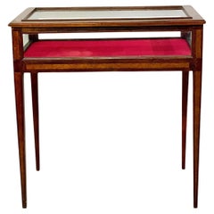 Antique 19th Century Walnut Inlaid Glass Display Table with Red Velvet Interior