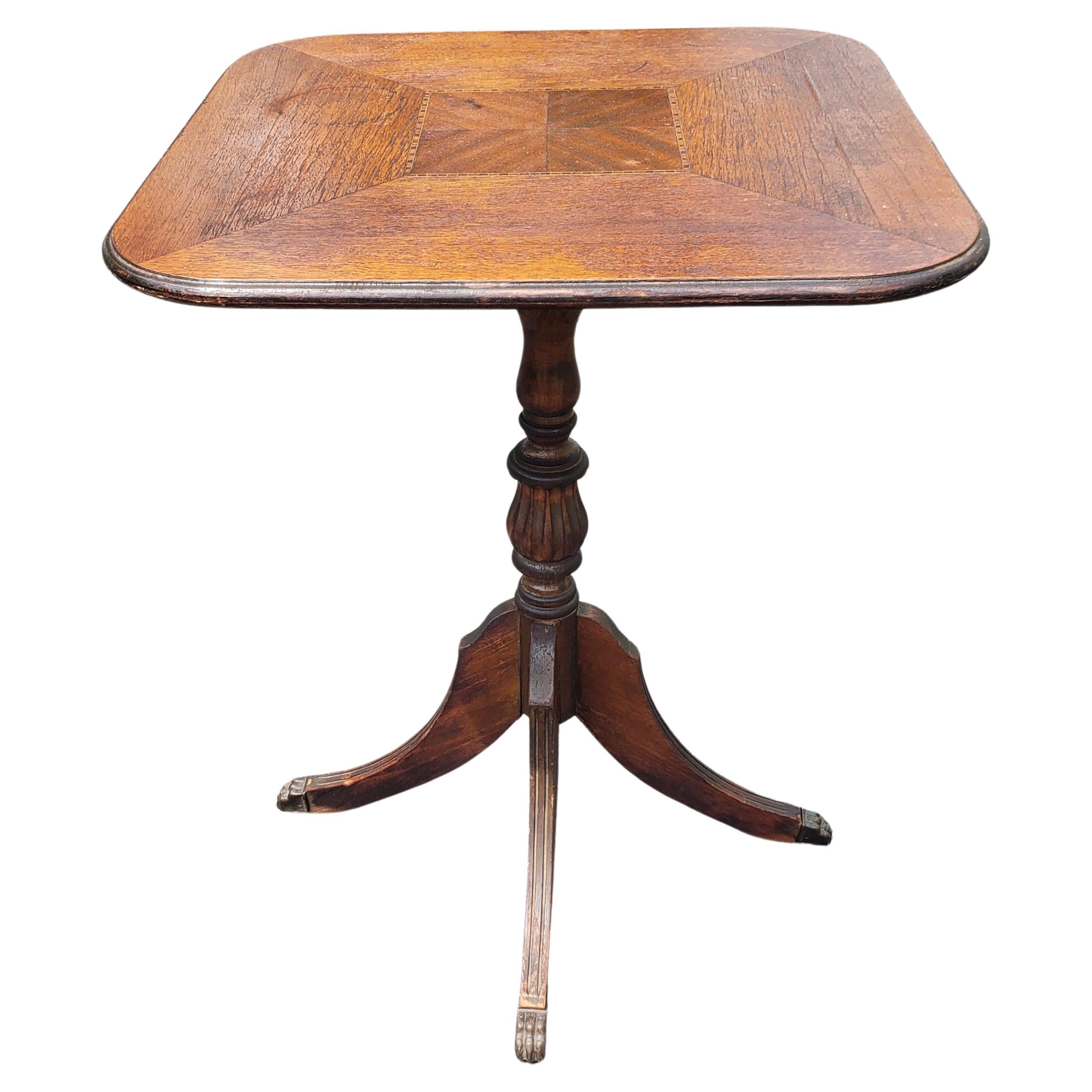 Early 20th century Walnut Inlay Tilt-Top Pedestal Quad Leg Desert or Side Table. Measures 18