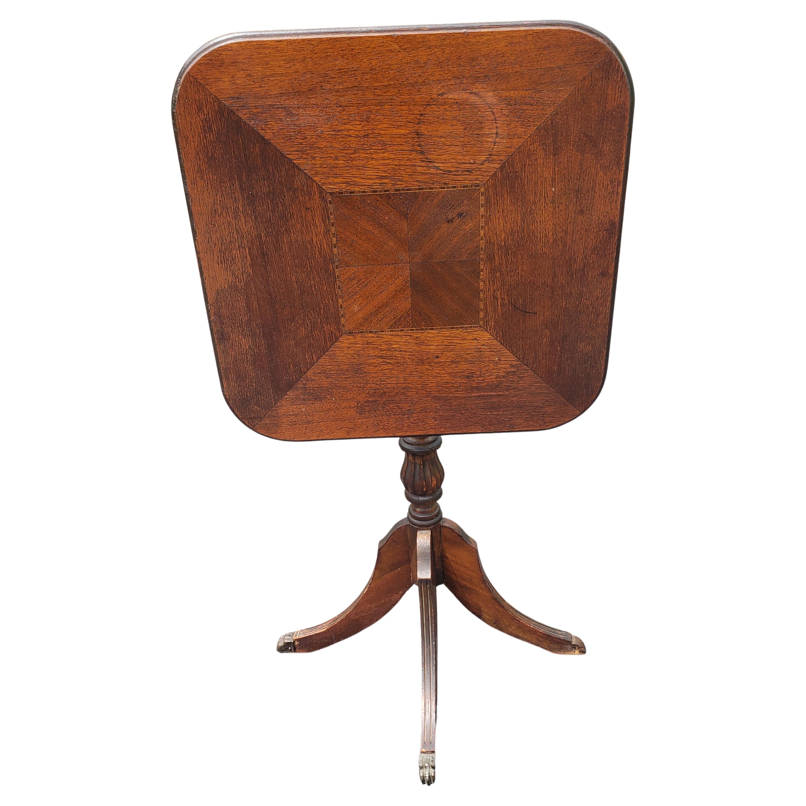 American 19th Century Walnut Inlay Tilt-Top Pedestal Quad Leg Desert or Side Table For Sale