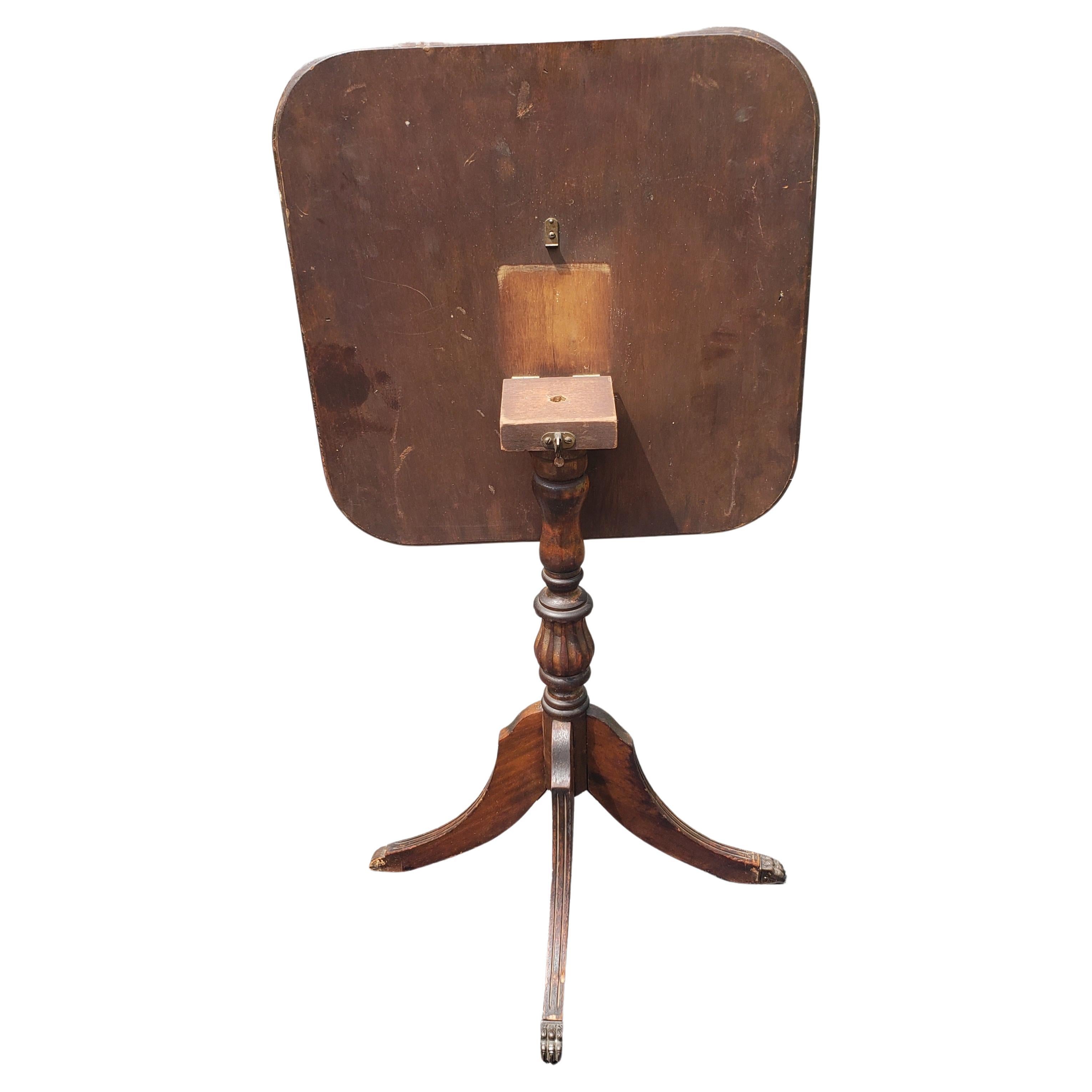 19th Century Walnut Inlay Tilt-Top Pedestal Quad Leg Desert or Side Table In Good Condition For Sale In Germantown, MD