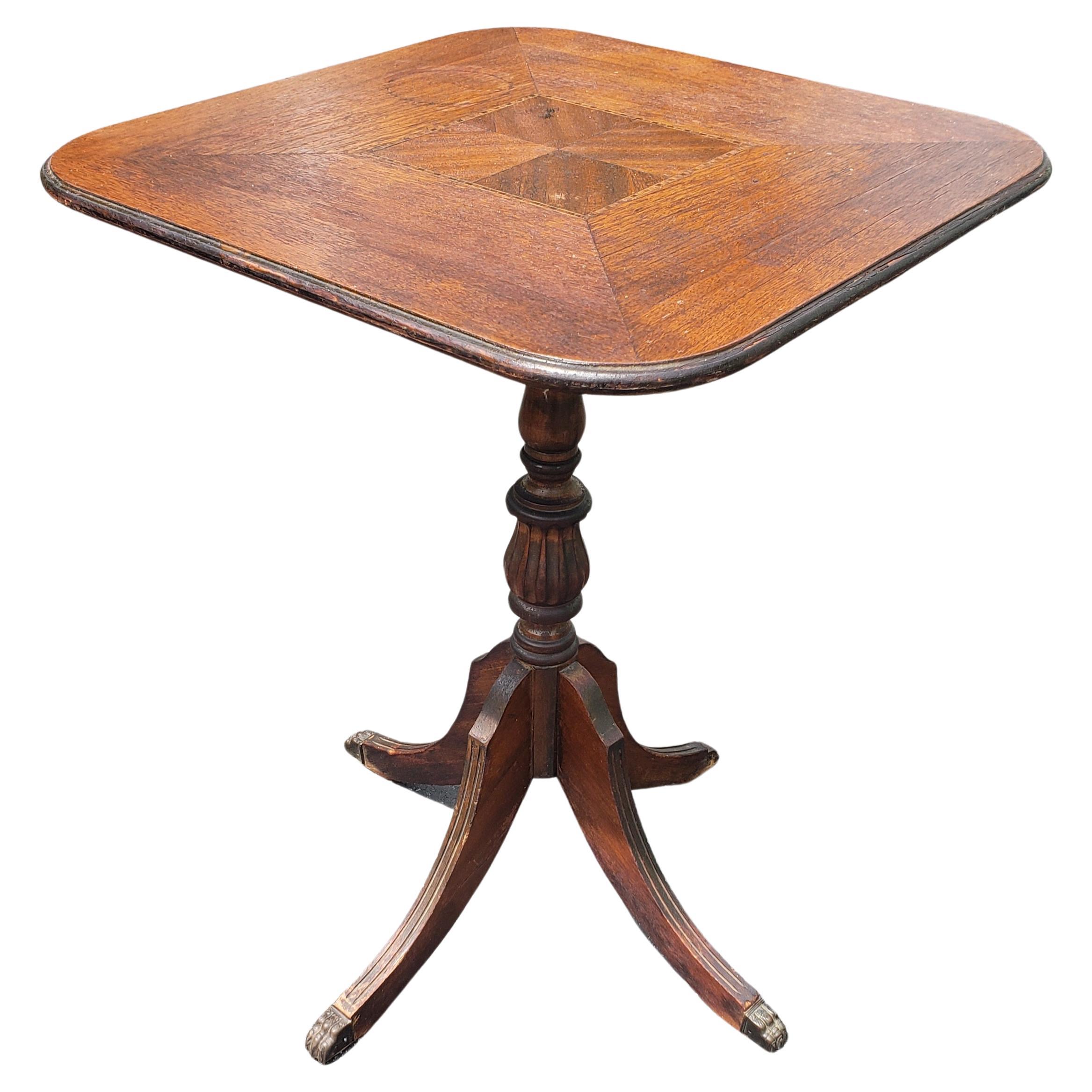 19th Century Walnut Inlay Tilt-Top Pedestal Quad Leg Desert or Side Table For Sale