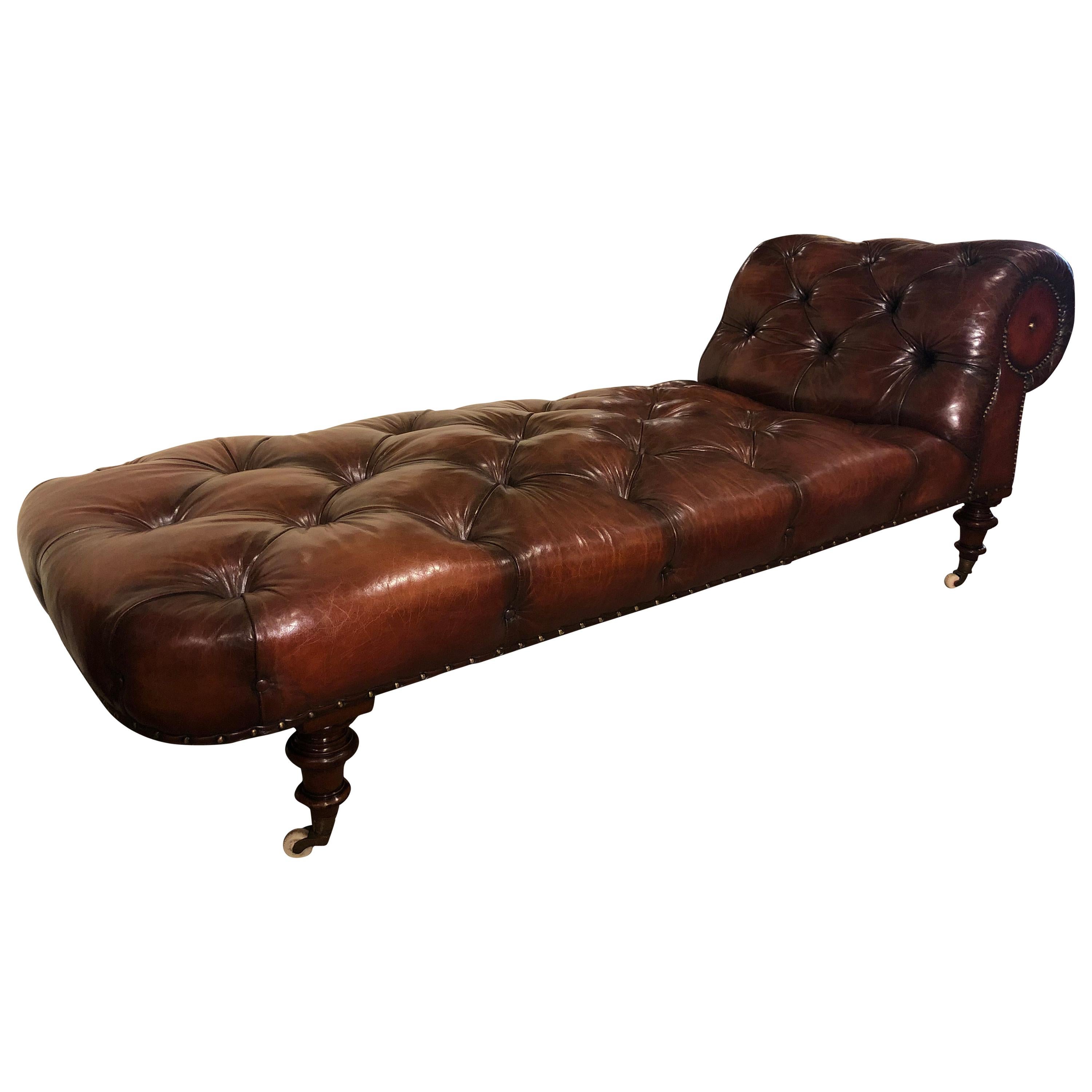 19th Century Walnut Leather Chaise, Leather Chaise Longue
