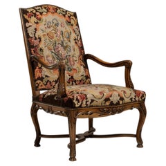 19th Century Walnut Louis XV Throne Armchair with Gobelin Upholstery