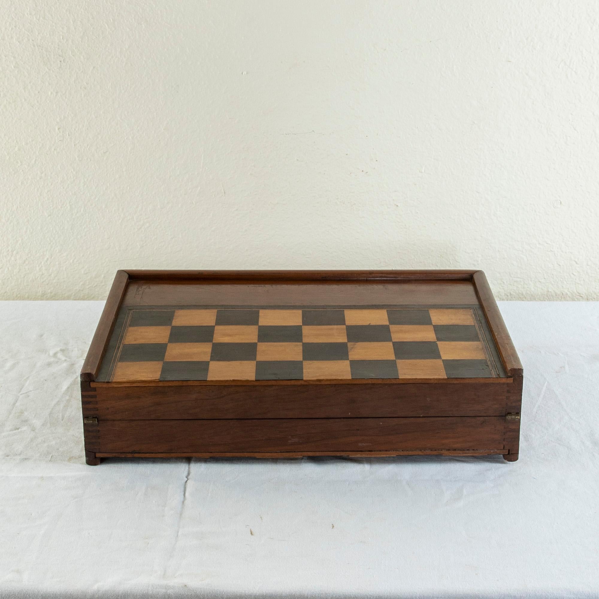 Leather 19th Century, Walnut Marquetry Folding Game Box for Chess, Checkers, Backgammon