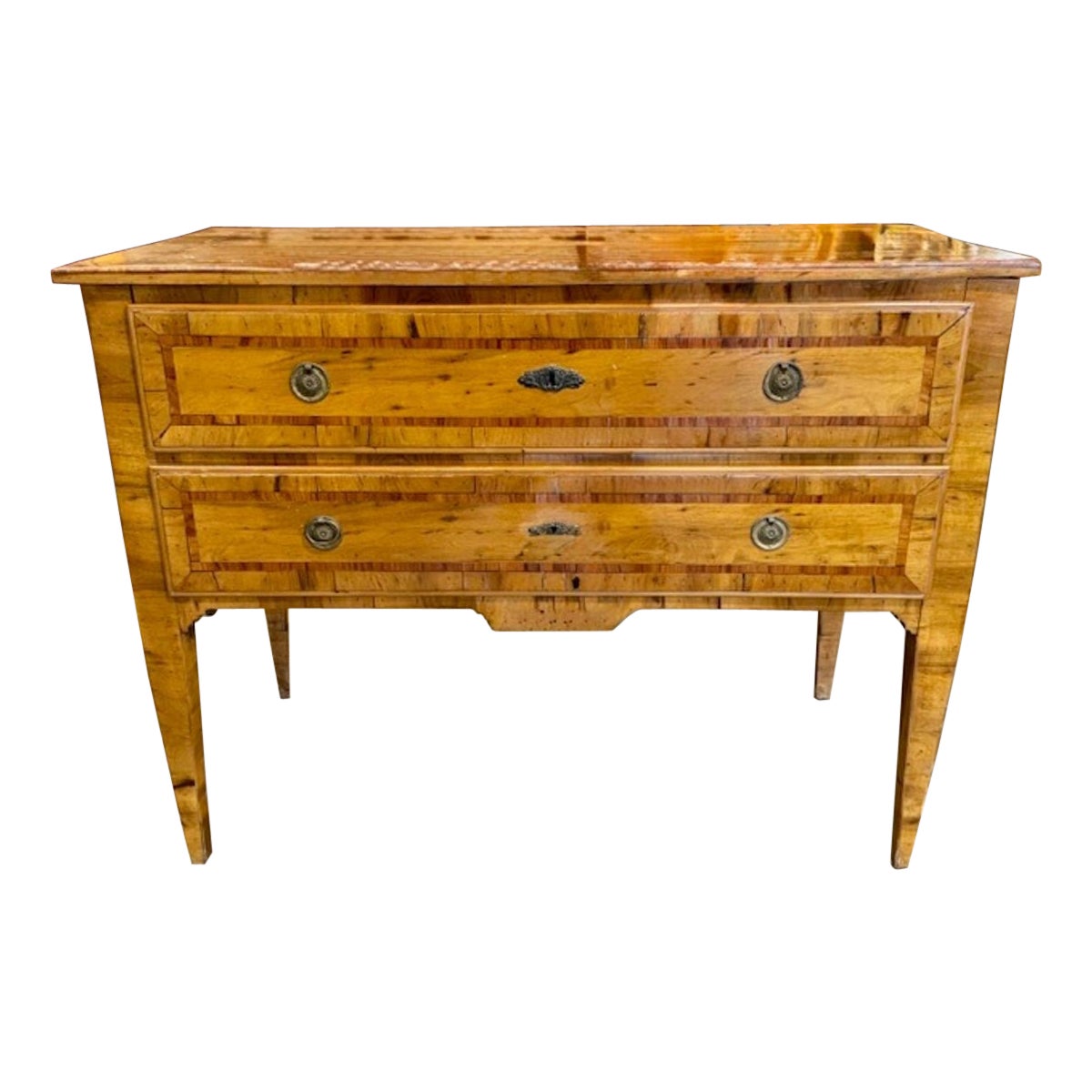 Tavolo neoclassico a 2 cassetti intarsiato in noce del XIX secolo