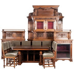 19th Century Walnut Renaissance Style Dining Room Set Hand Carved 14 Pieces