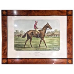 19th Century Walnut Root Inlaid Frame Colored by Hand French Print Signed