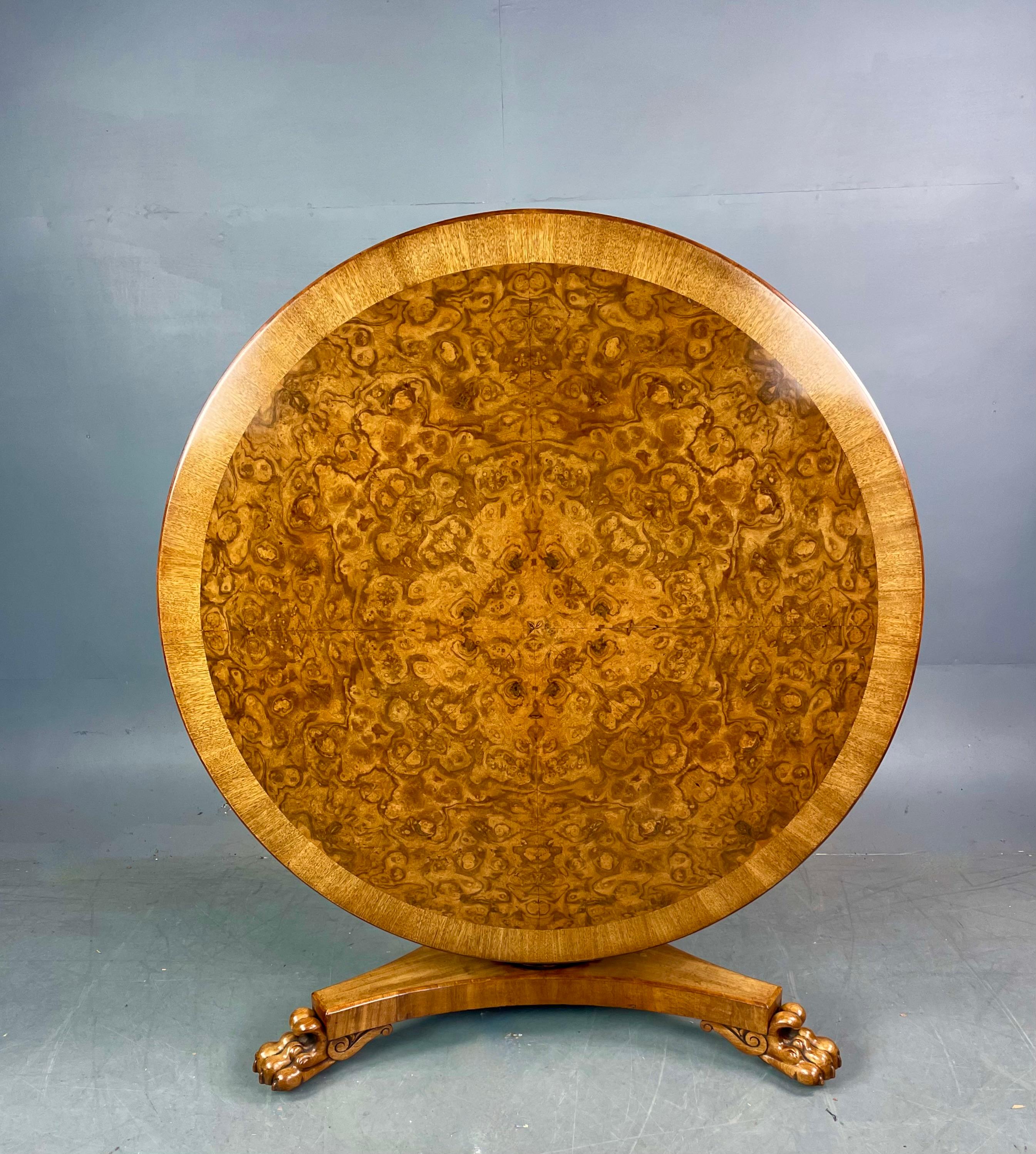 Fine quality William iv round burl walnut dining table circa 1830 .
The table has a fantastic figured walnut top with walnut cross banding ,it is a fantastic colour and in great un marked condition .That will seat six comfortably being 131 cm