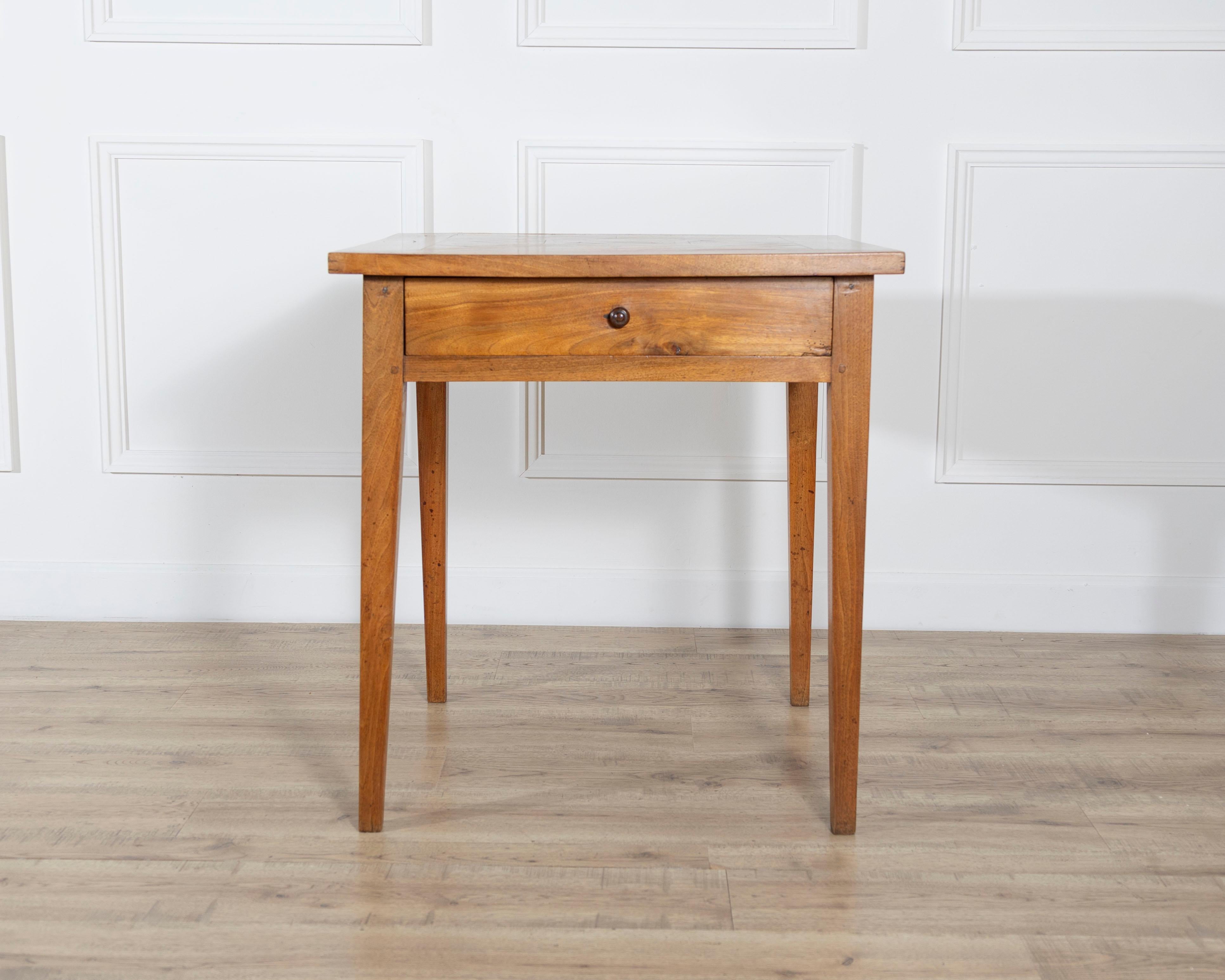 French 19th Century Walnut Side Table with Geometric Parquetry Top and Drawer For Sale