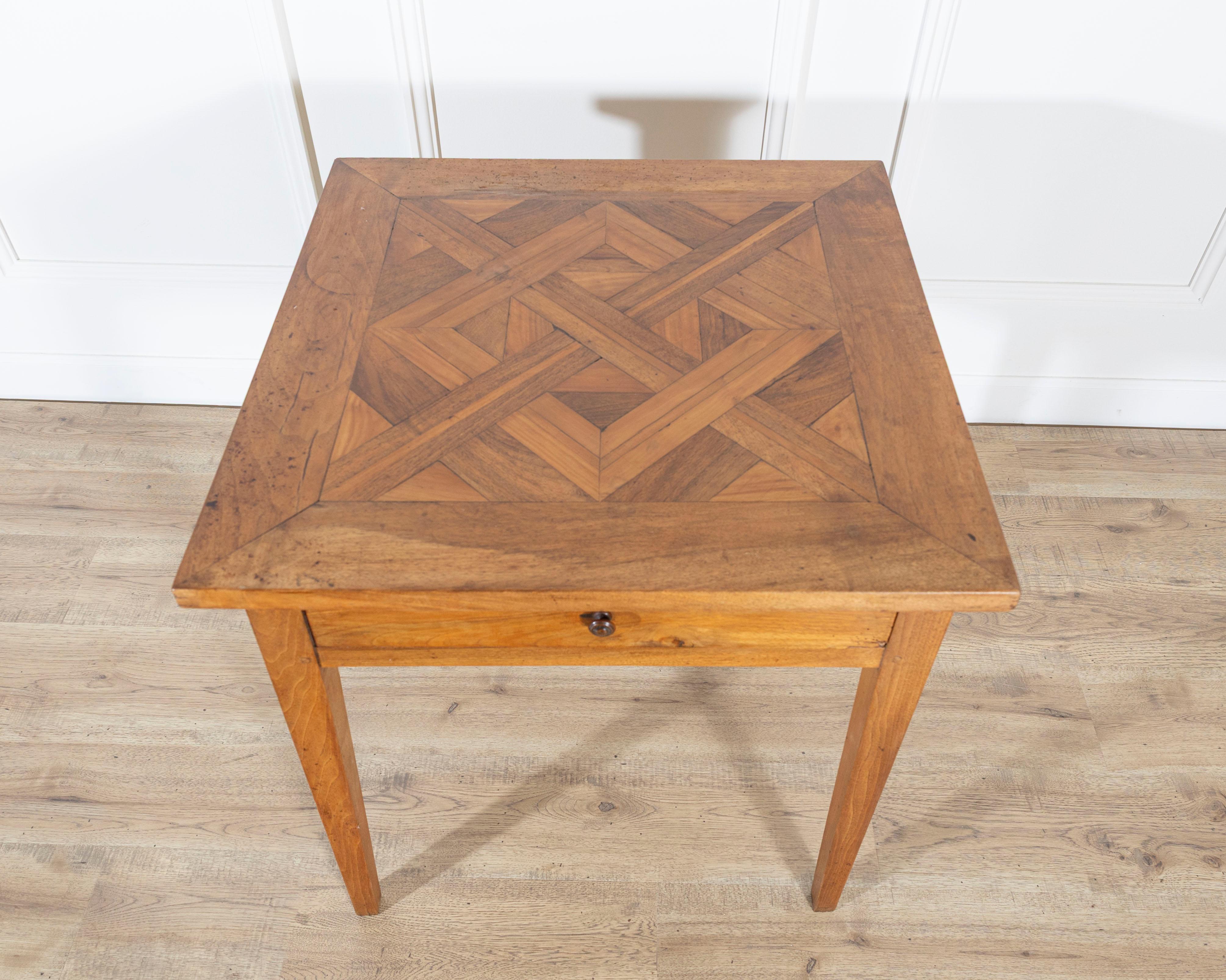 19th Century Walnut Side Table with Geometric Parquetry Top and Drawer For Sale 1