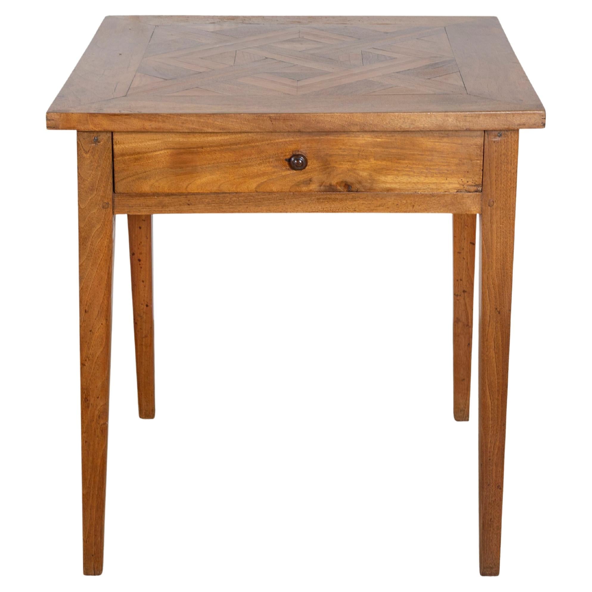19th Century Walnut Side Table with Geometric Parquetry Top and Drawer