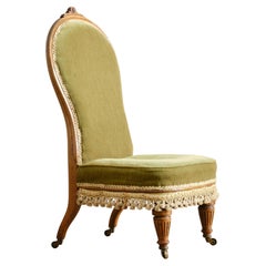Antique 19th Century Walnut Slipper Chair in Green Velvet