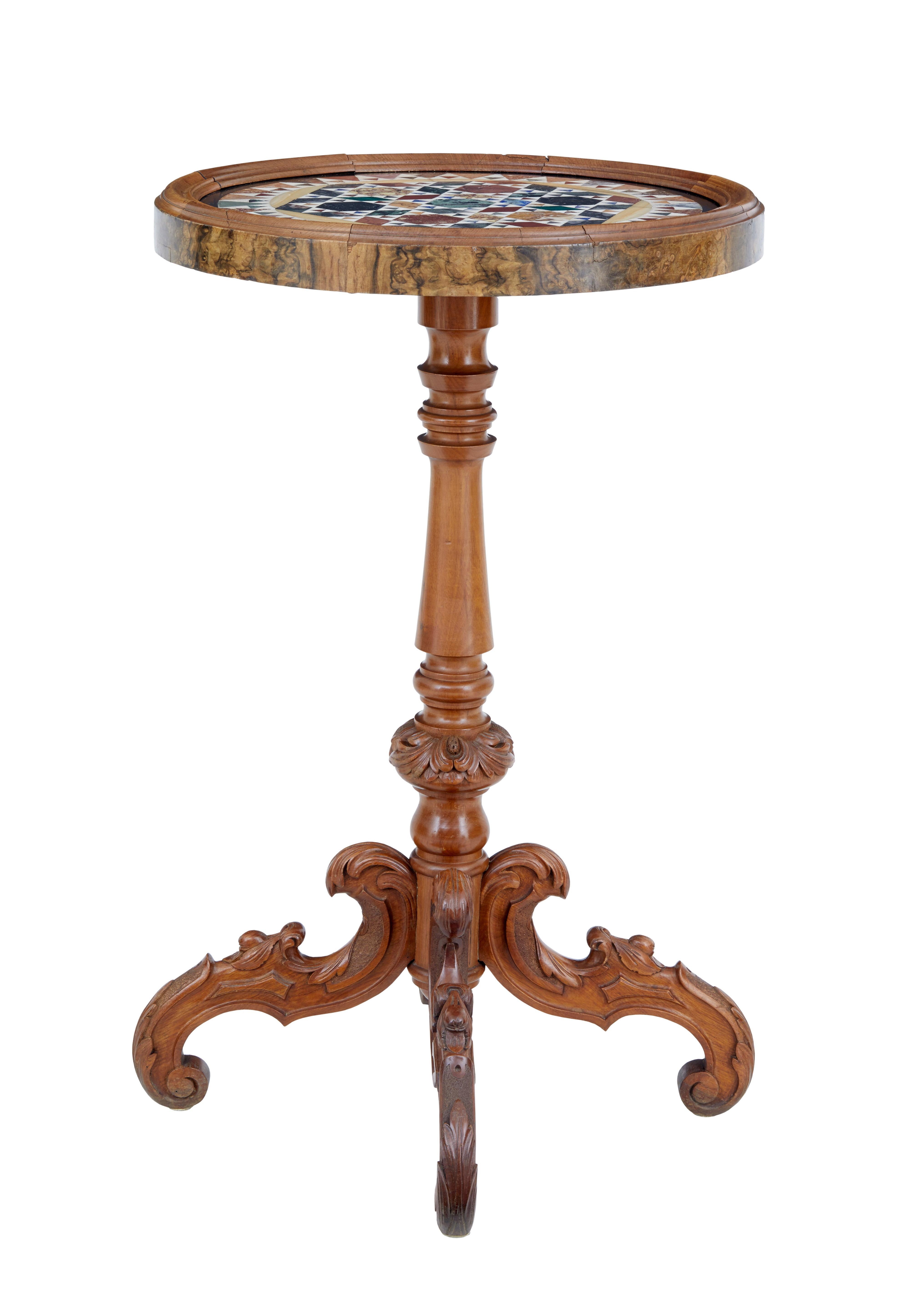 Good quality Pietra Dura specimen marble top table, circa 1880.

Beautiful circular marble top showcasing various samples of colored marble into a symmetrical pattern, secured in place by a walnut slip with burr veneer around the outer