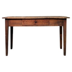 19th-Century Walnut Table with Single-Plank Top and Decorated Drawer