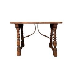 19th-Century Walnut Table with Single-Plank Top, Turned Legs, and Iron Details