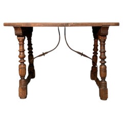 19th-Century Walnut Table with Single-Plank Top, Turned Legs, and Iron Details