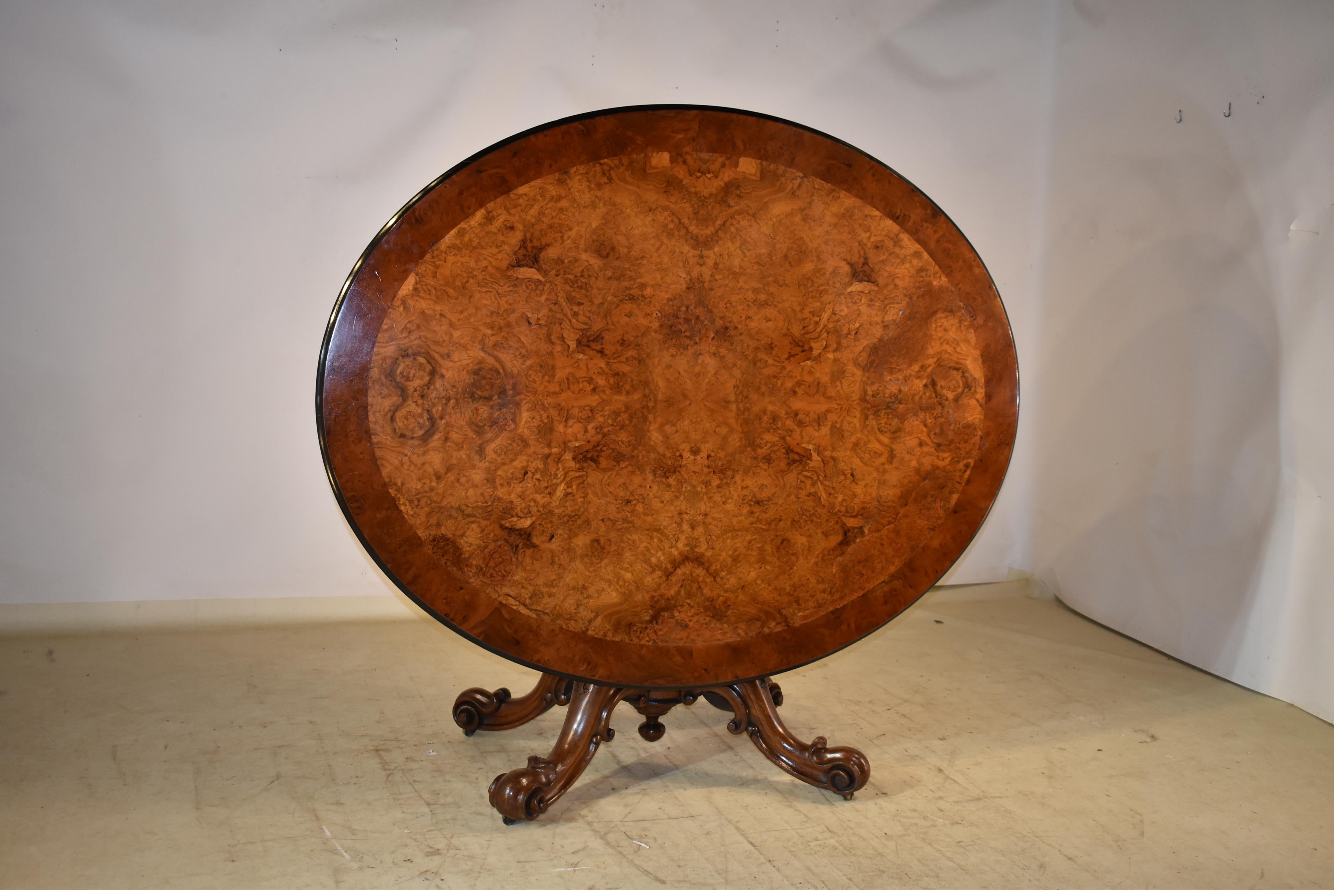 Fantastic 19th century tilt-top breakfast table from England.  The table is made from wonderfully grained burl walnut and walnut timber.  The top has a beveled edge, surrounding the most glorious burl walnut top, banded in burled walnut in a darker