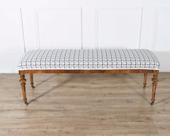 19th-Century Walnut Upholstered Bench with Turned Legs and Casters