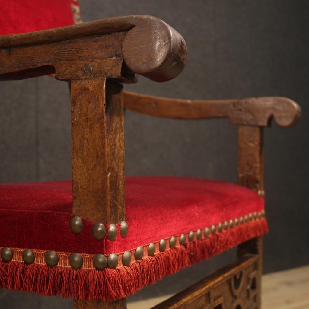19th Century Walnut Wood and Red Fabric Antique Italian Armchair, 1830 For Sale 7