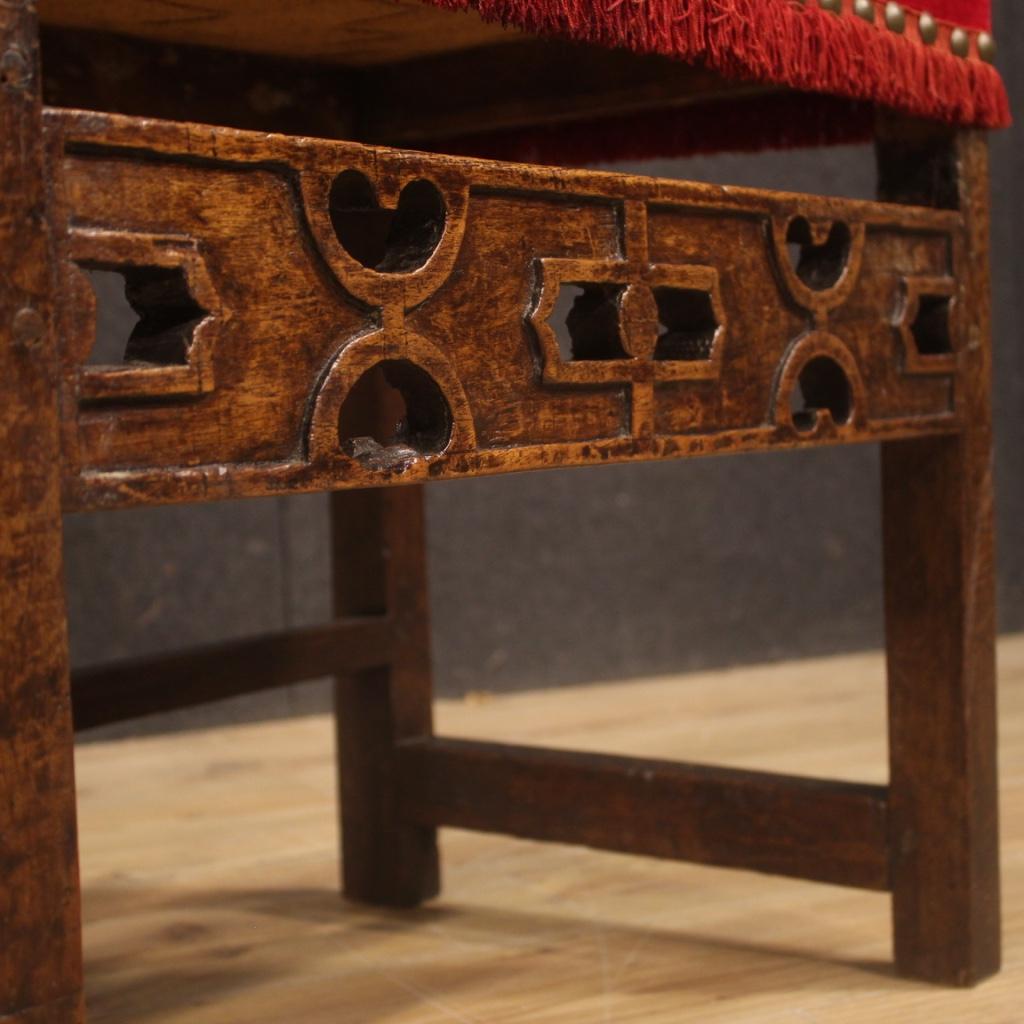 19th Century Walnut Wood and Red Fabric Antique Italian Armchair, 1830 For Sale 8