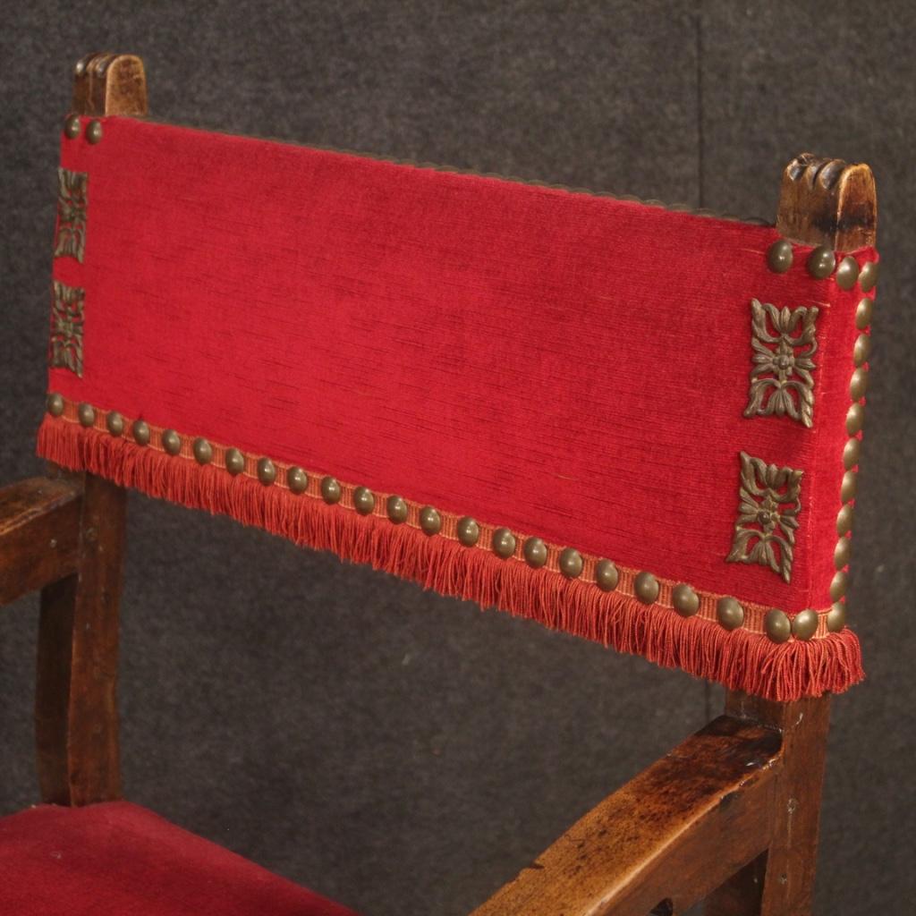 19th Century Walnut Wood and Red Fabric Antique Italian Armchair, 1830 In Good Condition For Sale In Vicoforte, Piedmont