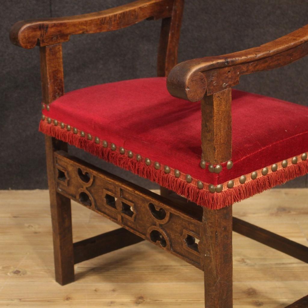 19th Century Walnut Wood and Red Fabric Antique Italian Armchair, 1830 For Sale 1