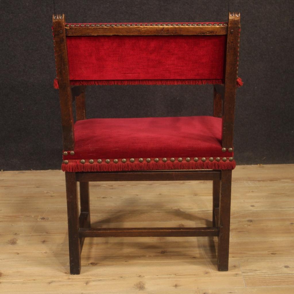 19th Century Walnut Wood and Red Fabric Antique Italian Armchair, 1830 For Sale 2