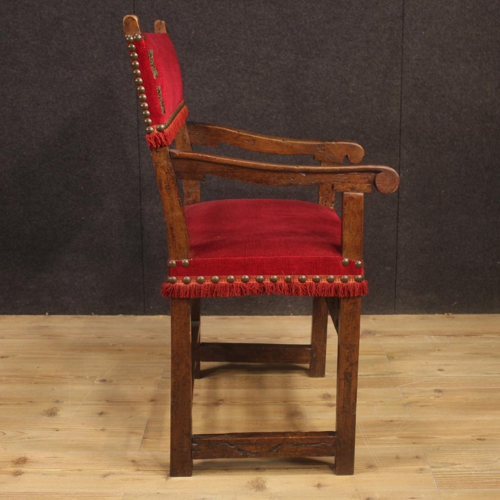 19th Century Walnut Wood and Red Fabric Antique Italian Armchair, 1830 For Sale 3