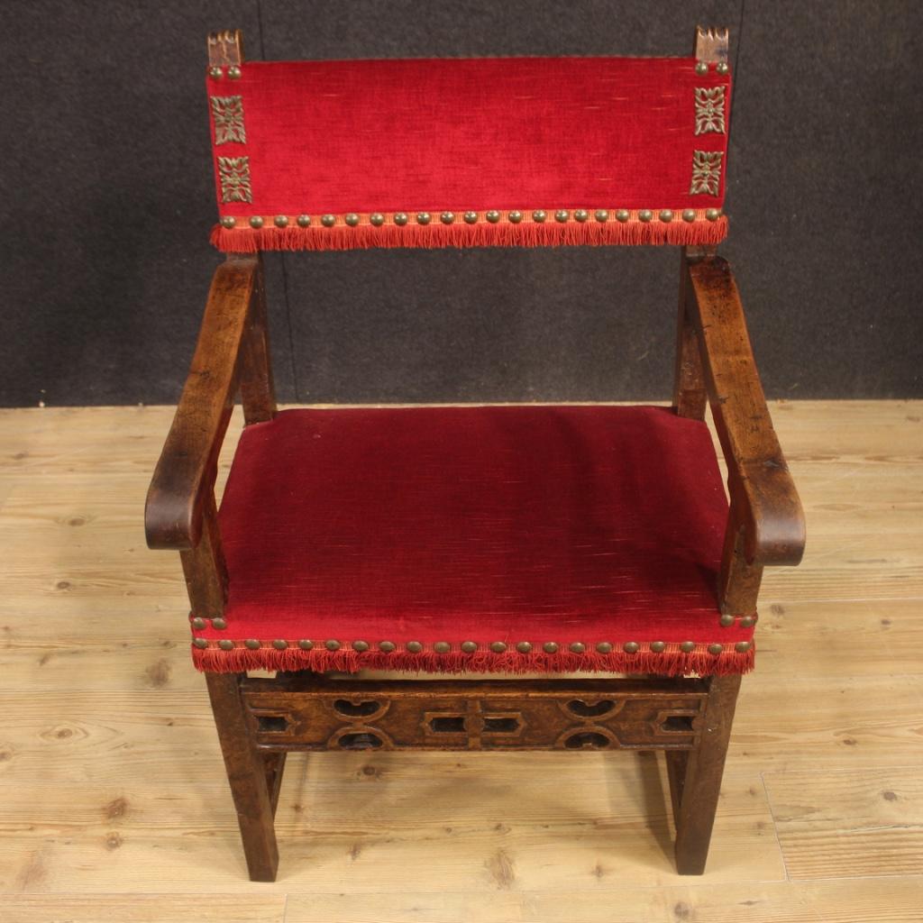 19th Century Walnut Wood and Red Fabric Antique Italian Armchair, 1830 For Sale 5