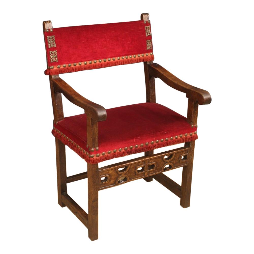 19th Century Walnut Wood and Red Fabric Antique Italian Armchair, 1830