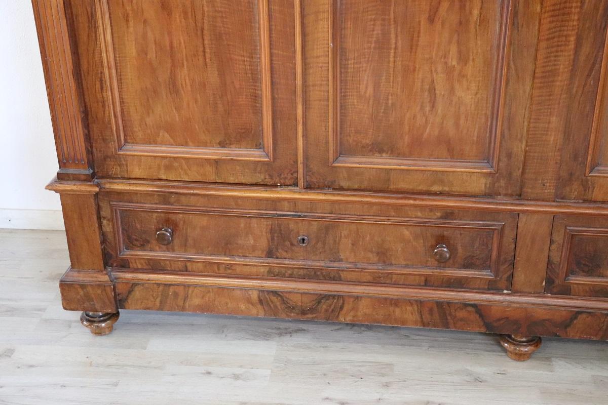 Italian 19th Century Walnut Wood Antique Large Wardrobe Four Doors